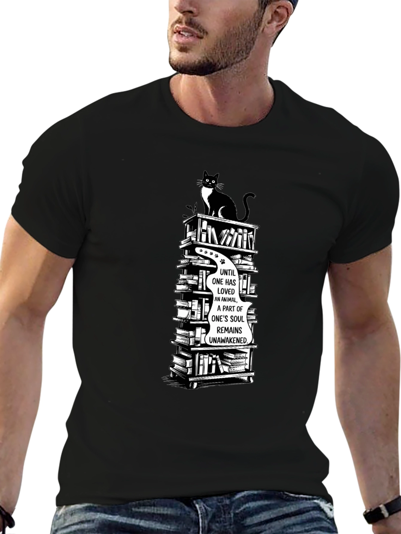 Cat Lover T-Shirt with Book Stack Design