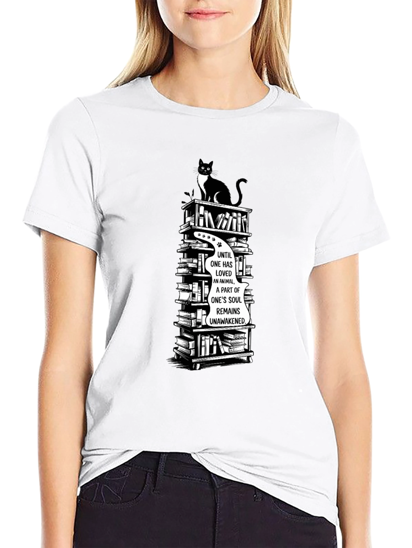 Cat Lover T-Shirt with Book Stack Design