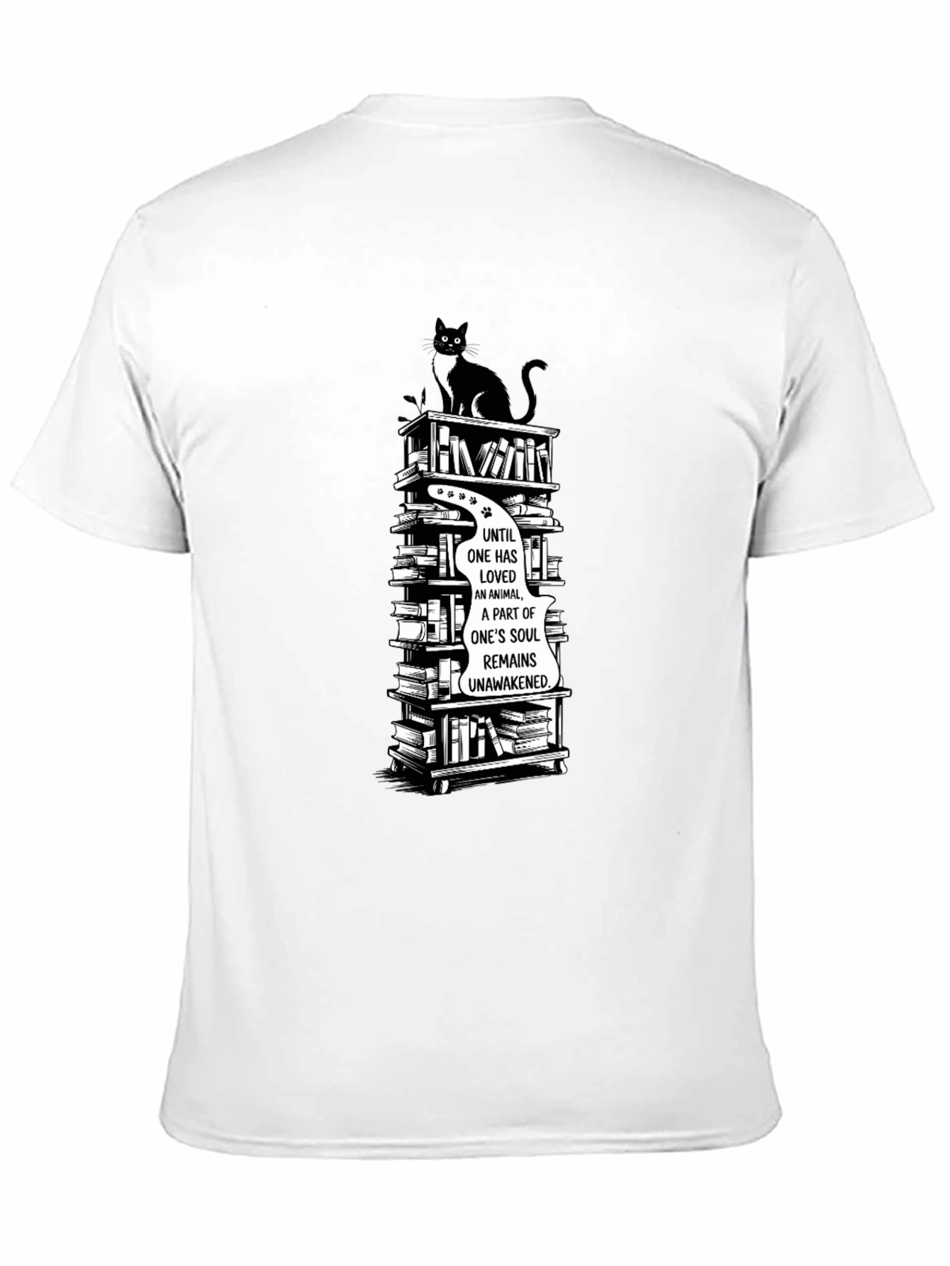 Cat Lover T-Shirt with Book Stack Design