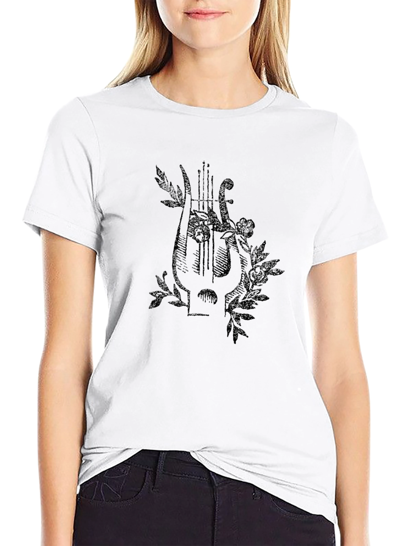 Floral Lyre Graphic Black T-Shirt