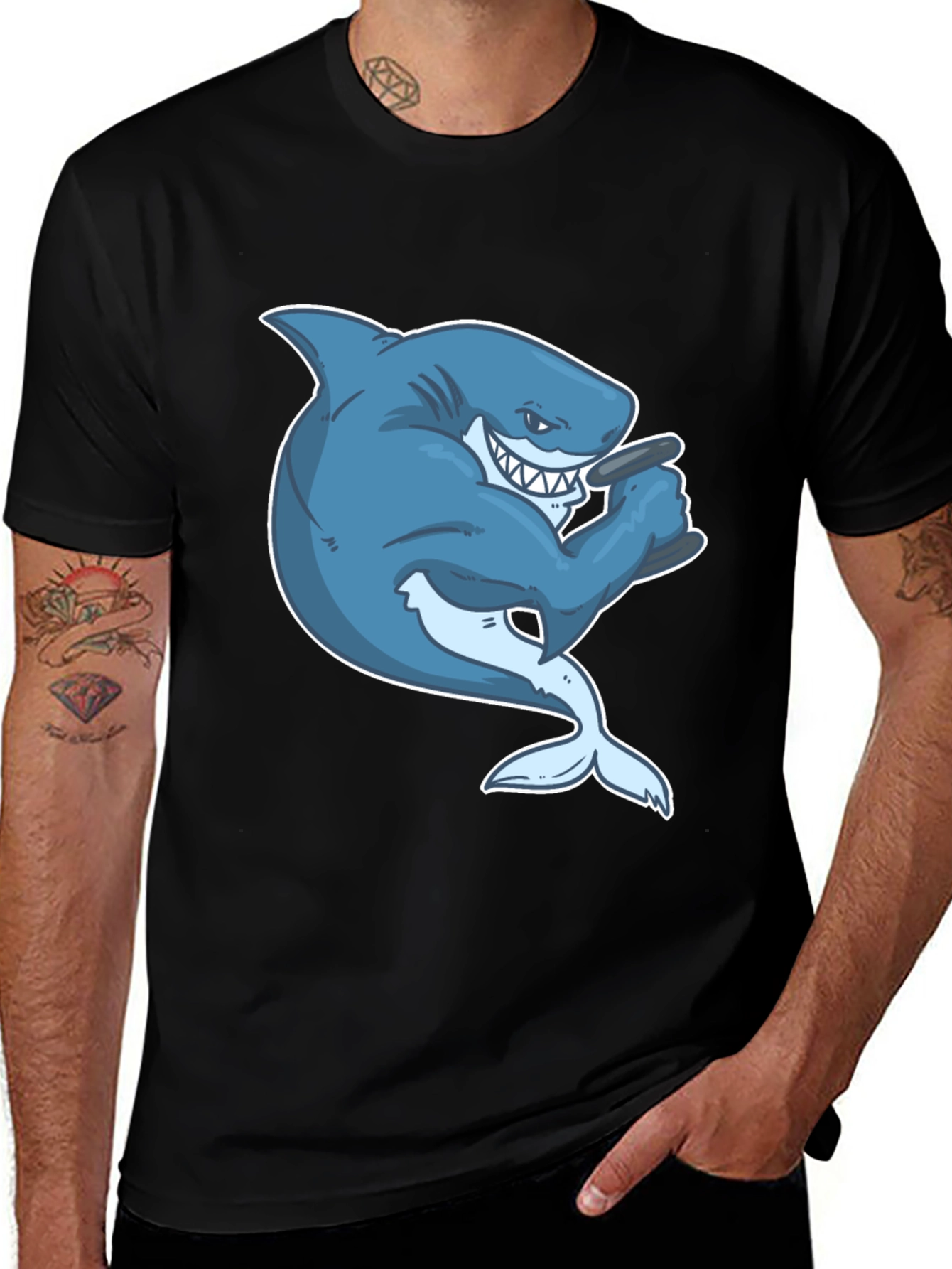 Shark with Cigar Graphic T-Shirt - Black Cotton Tee