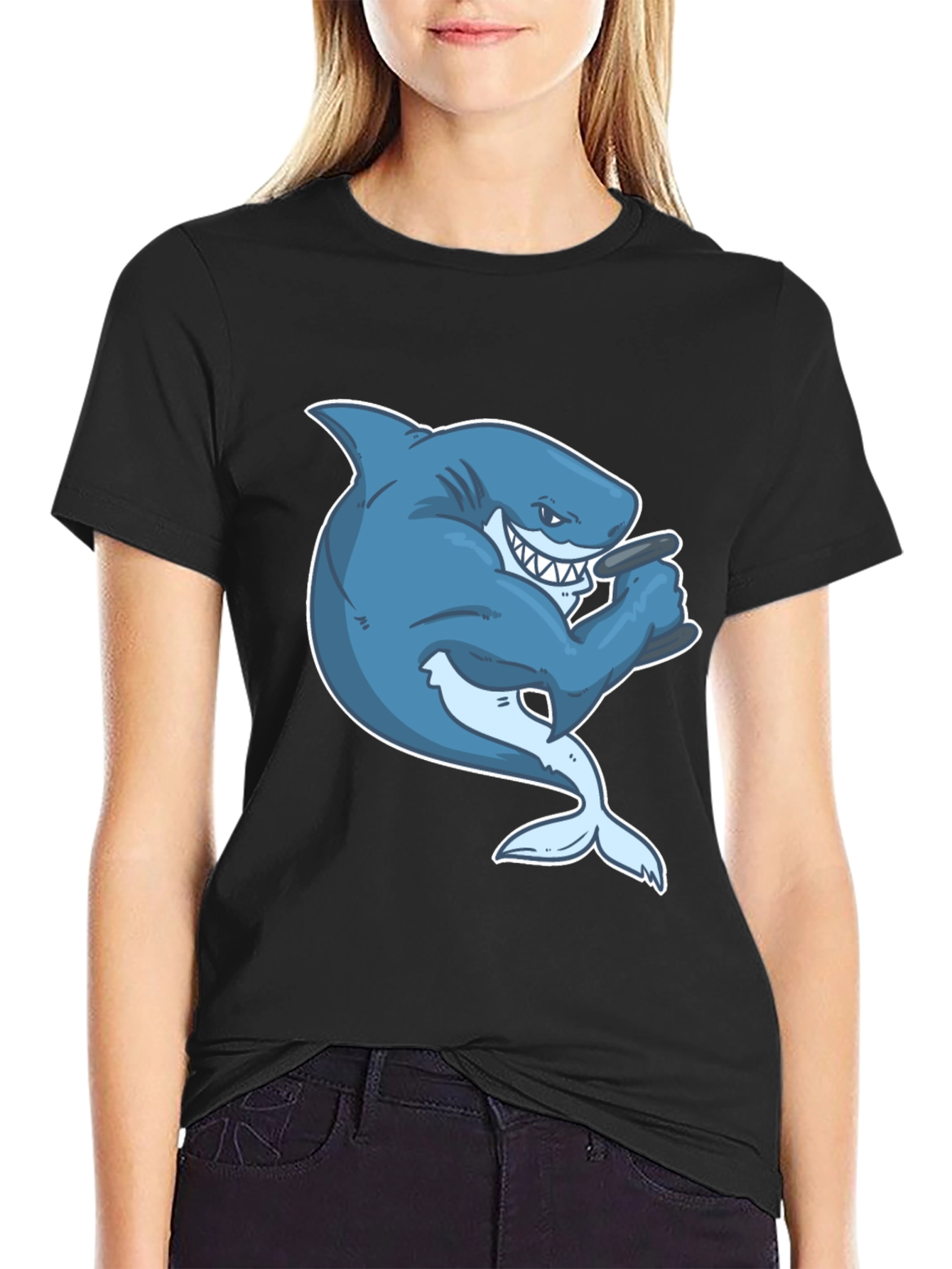 Shark with Cigar Graphic T-Shirt - Black Cotton Tee