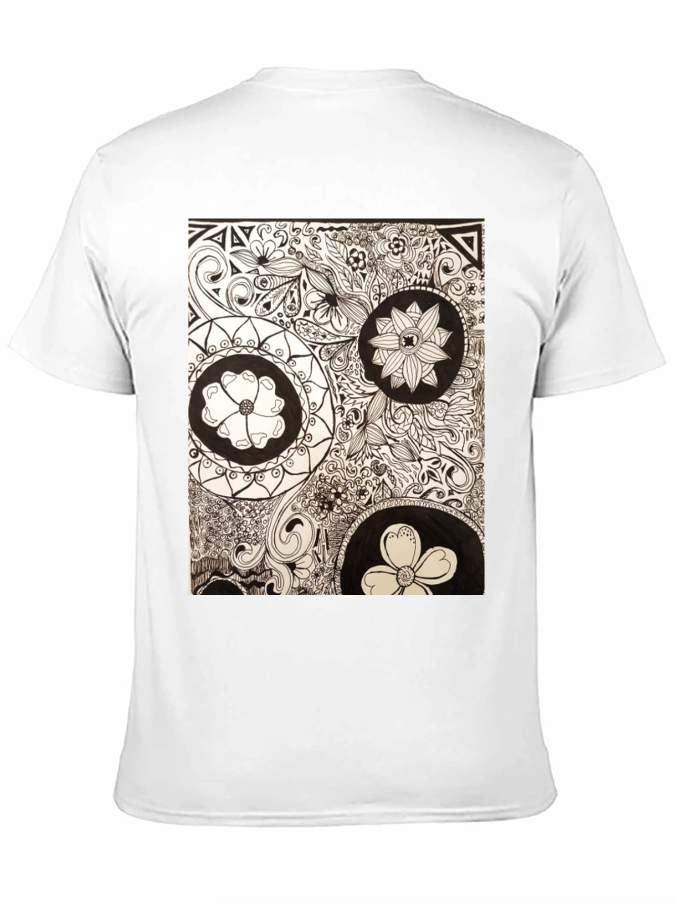 Artistic Floral Doodle Print Black T-Shirt