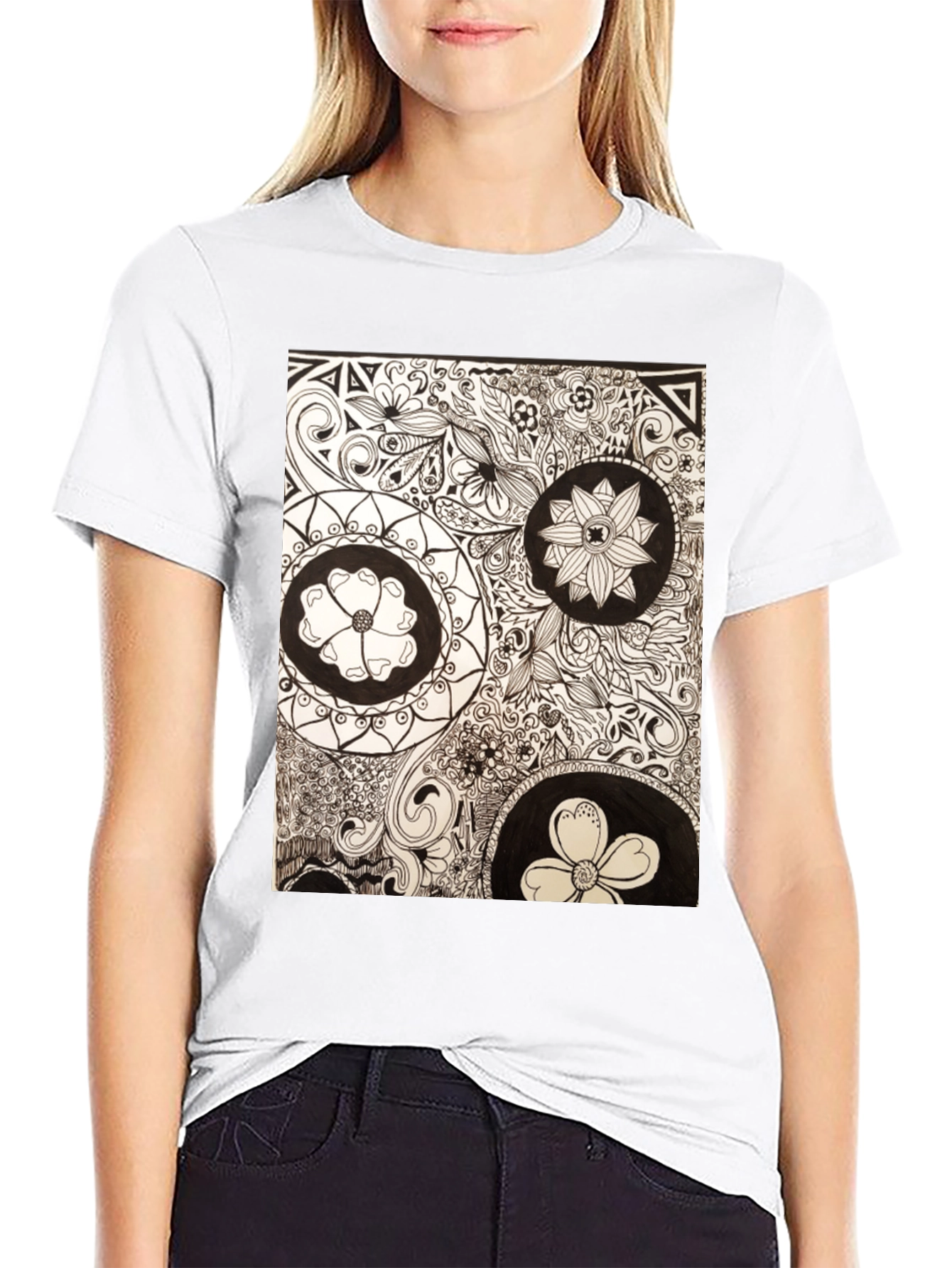 Artistic Floral Doodle Print Black T-Shirt