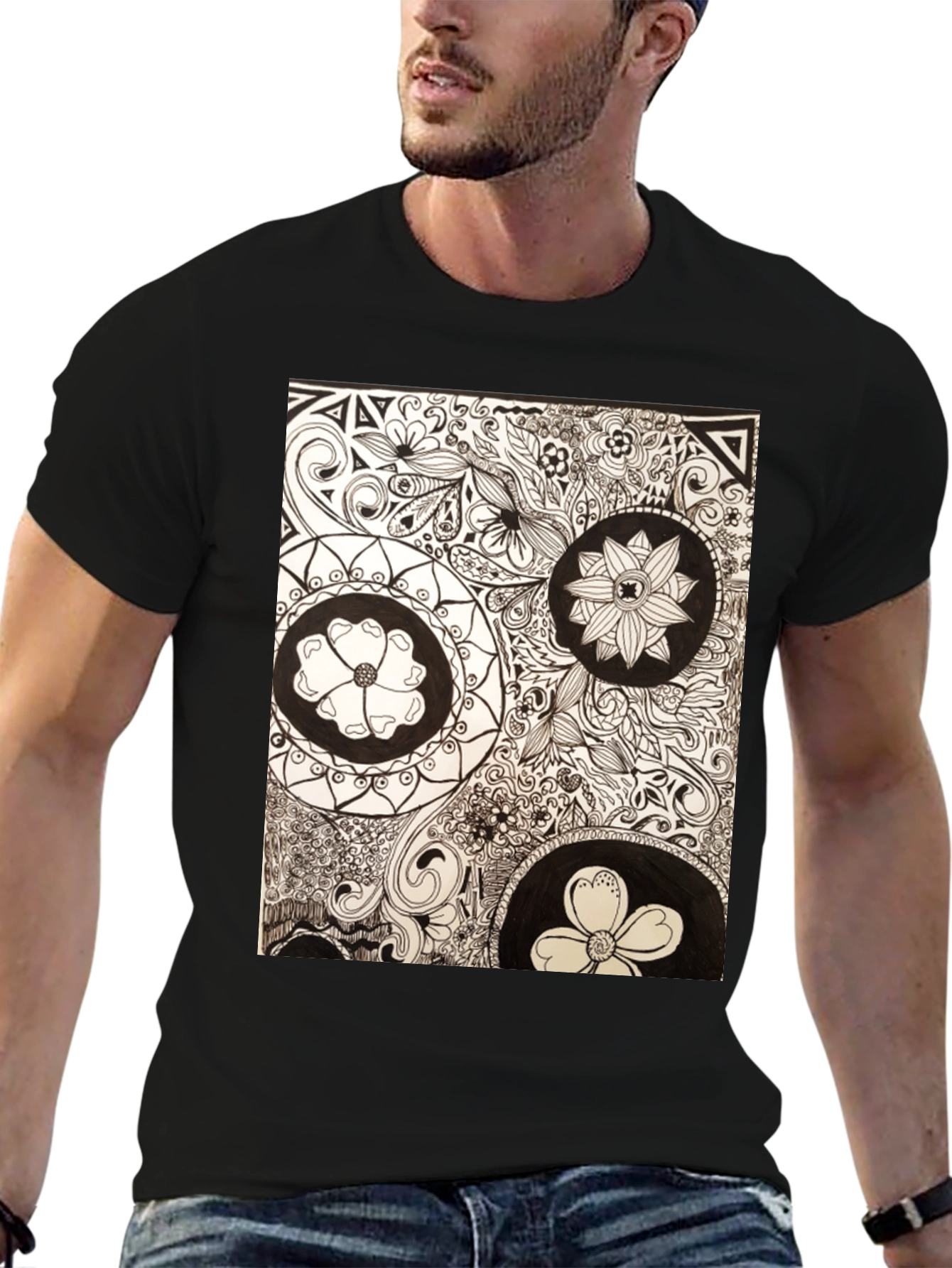 Artistic Floral Doodle Print Black T-Shirt