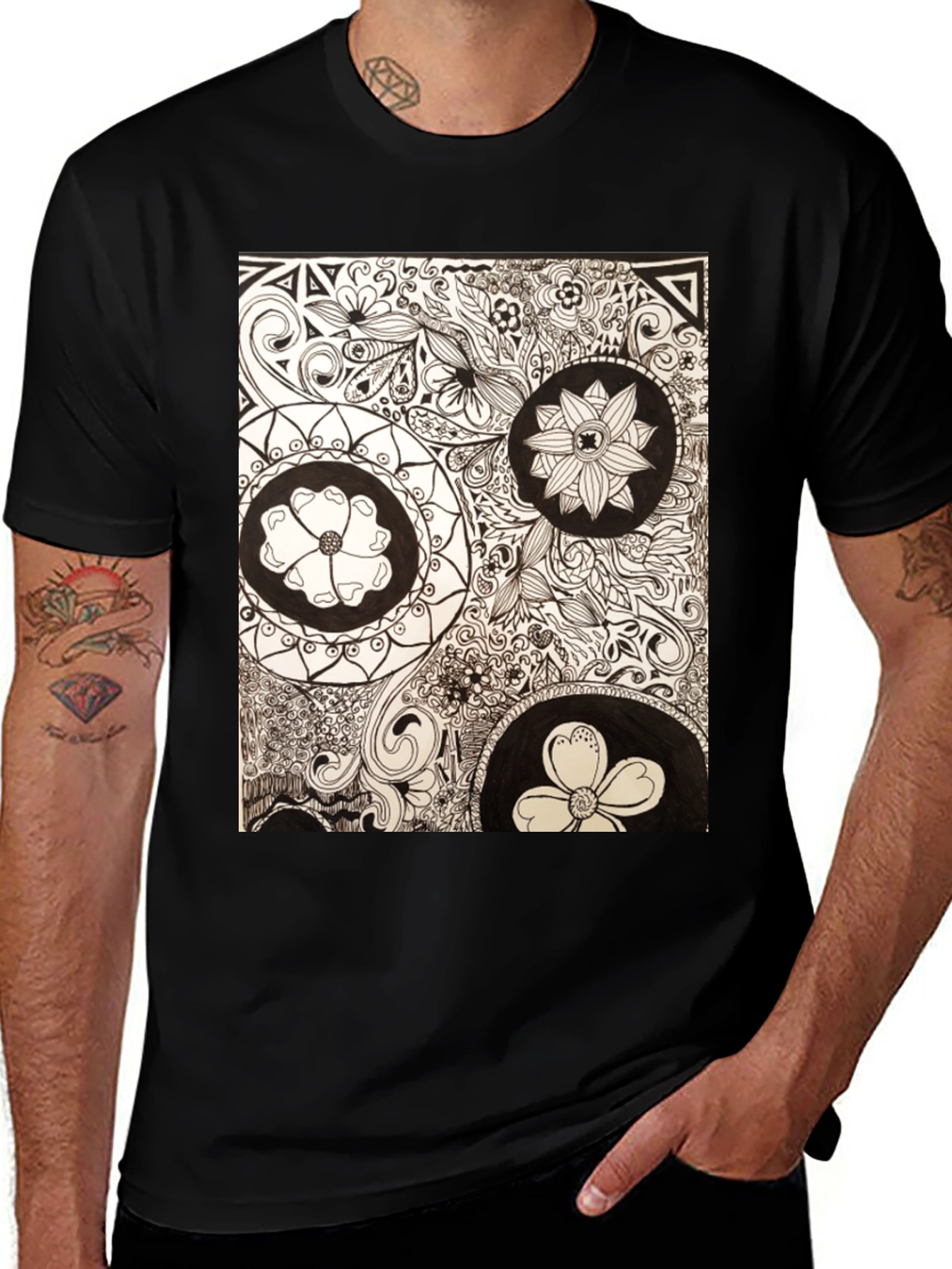 Artistic Floral Doodle Print Black T-Shirt