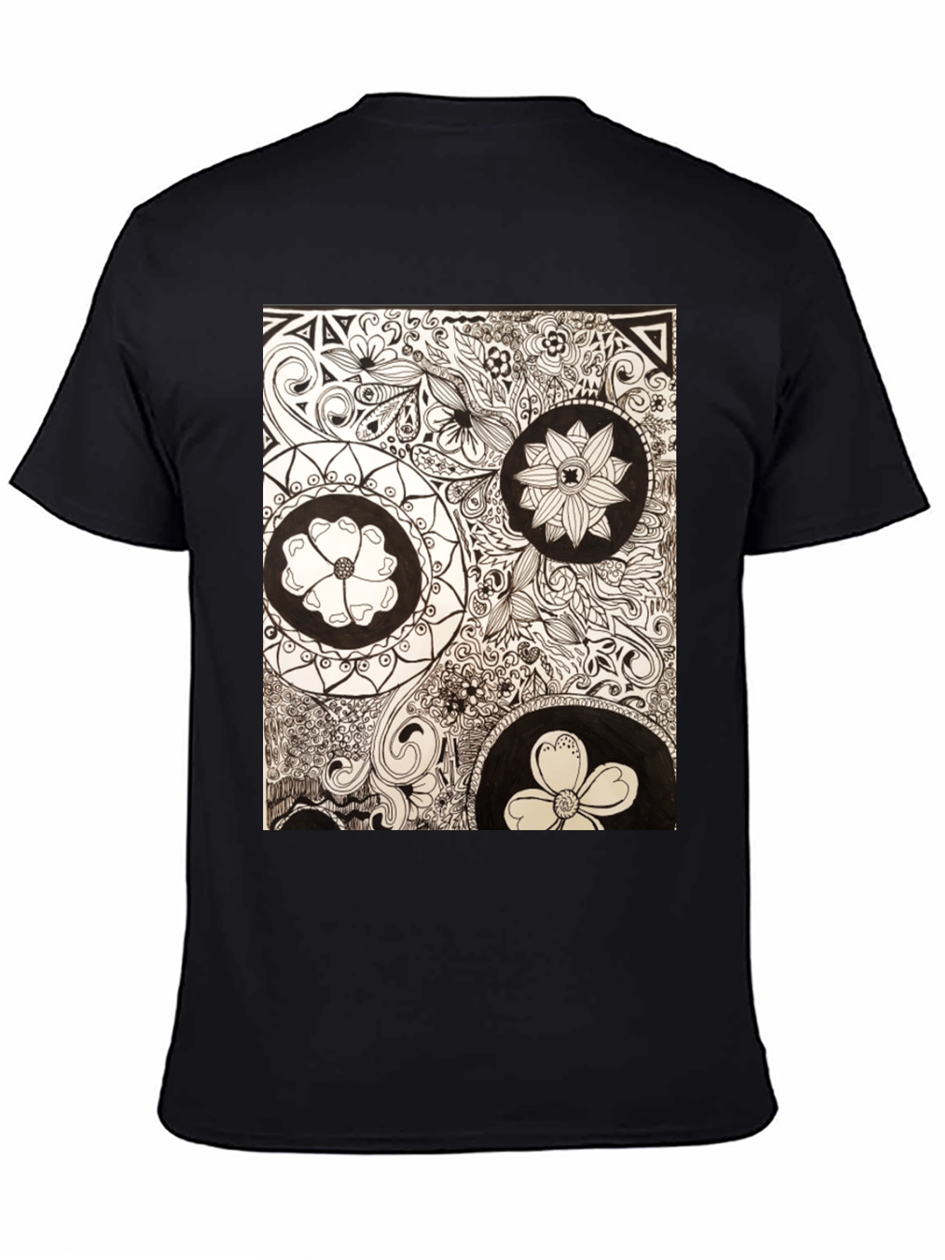 Artistic Floral Doodle Print Black T-Shirt