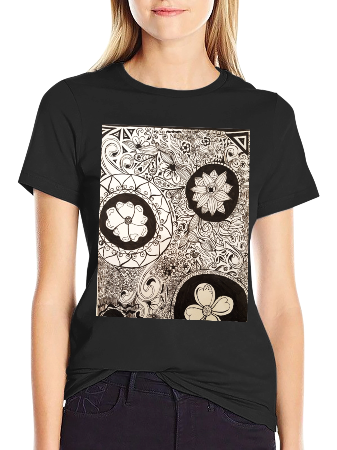 Artistic Floral Doodle Print Black T-Shirt