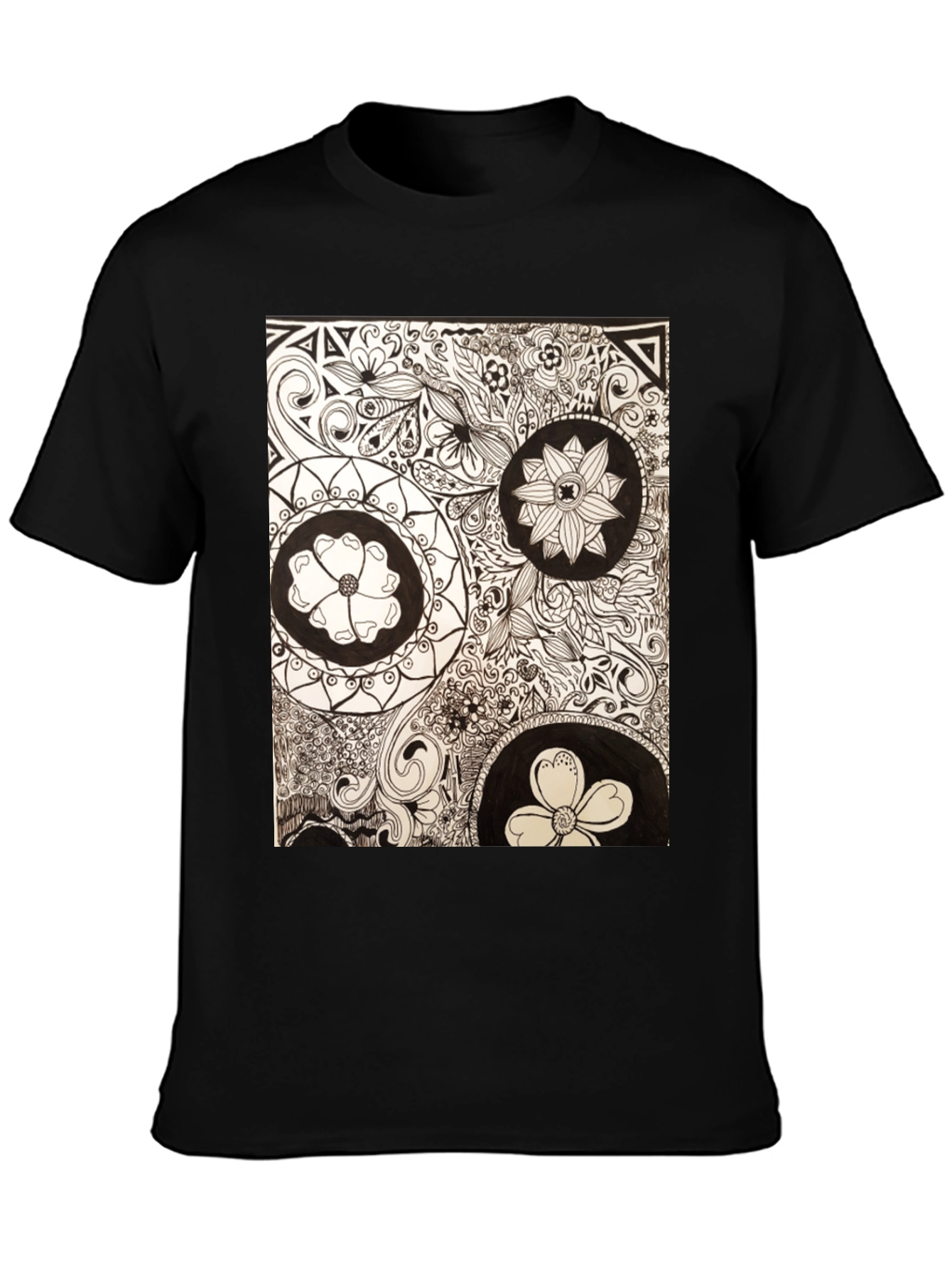 Artistic Floral Doodle Print Black T-Shirt