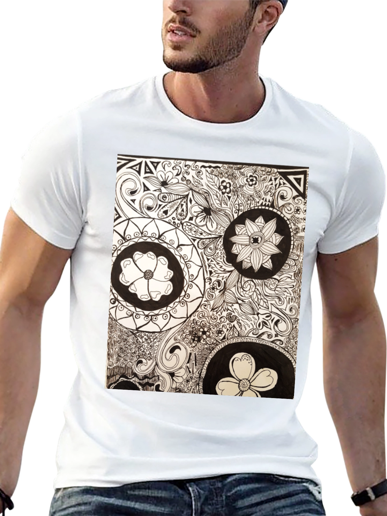 Artistic Floral Doodle Print Black T-Shirt