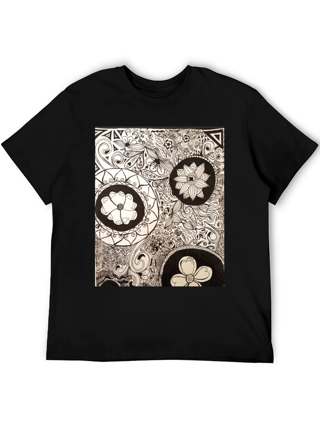 Artistic Floral Doodle Print Black T-Shirt