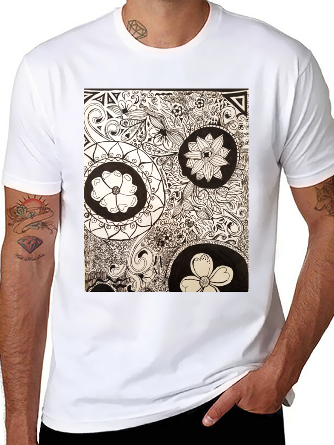 Artistic Floral Doodle Print Black T-Shirt