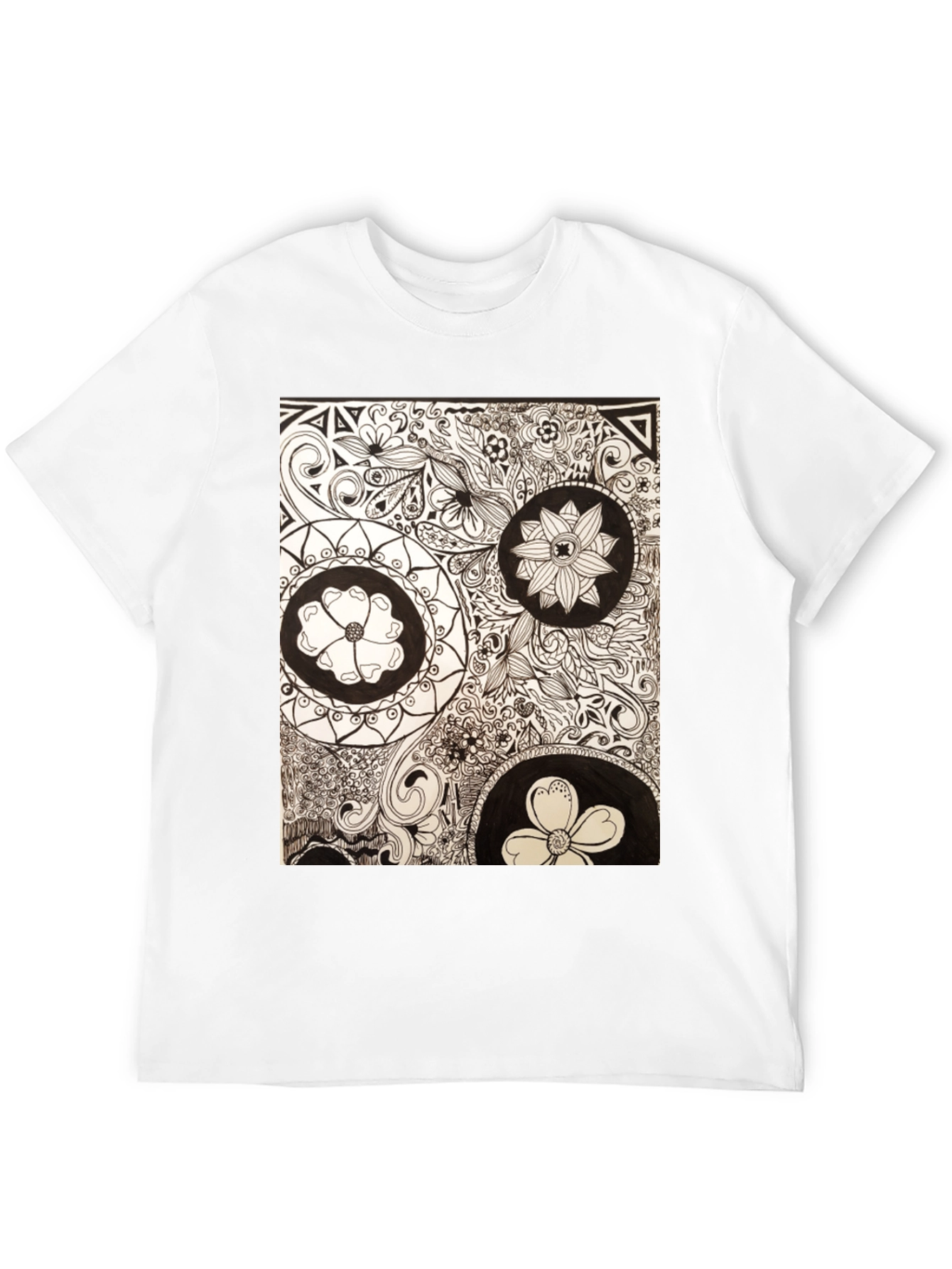 Artistic Floral Doodle Print Black T-Shirt