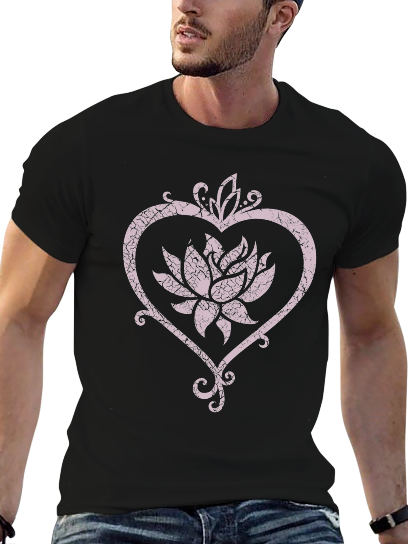 Lotus Flower Heart Graphic Black Tee