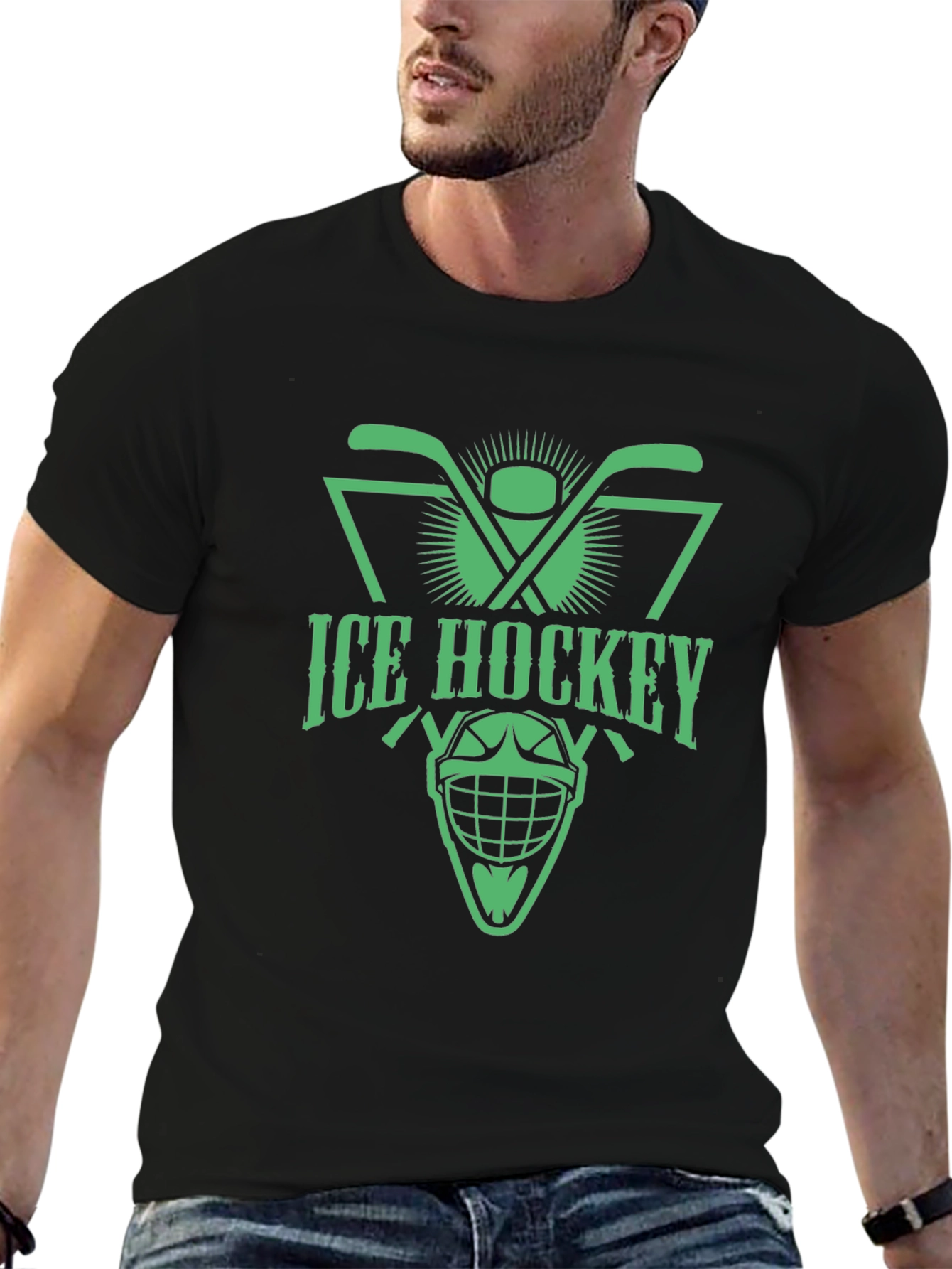 Ice Hockey Graphic Tee - Black Cotton T-Shirt