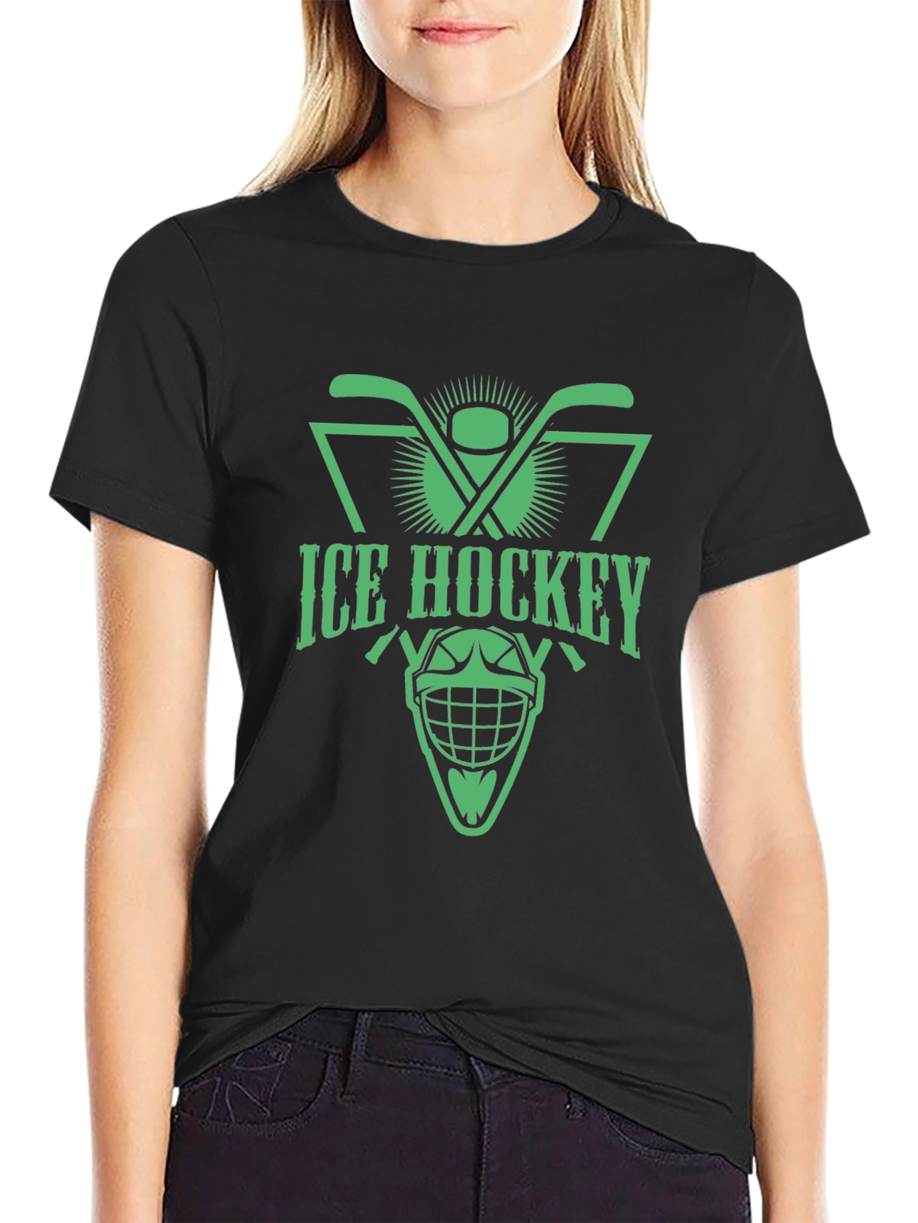 Ice Hockey Graphic Tee - Black Cotton T-Shirt