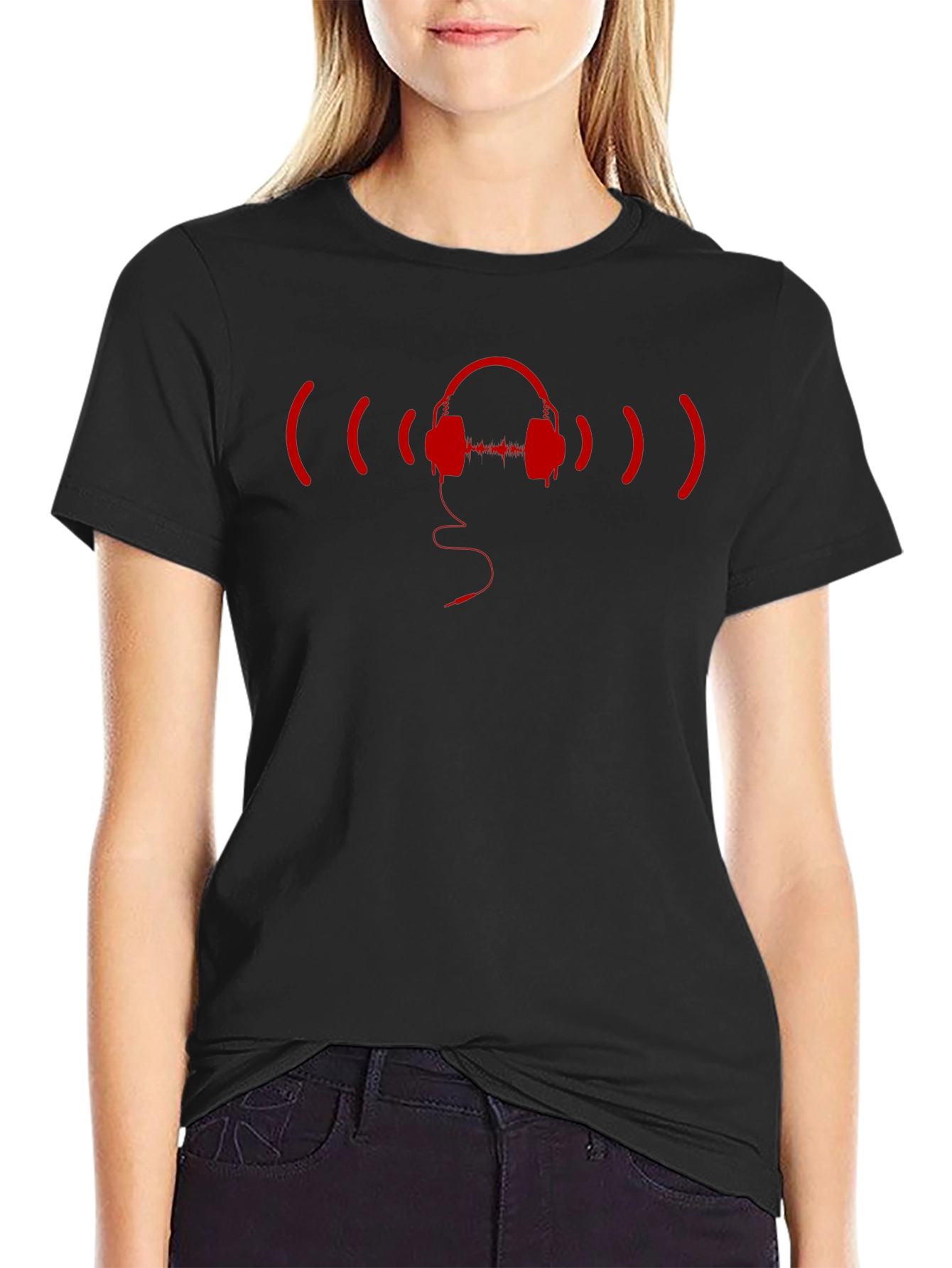 Stylish Black T-Shirt with Red Headphone Graphic