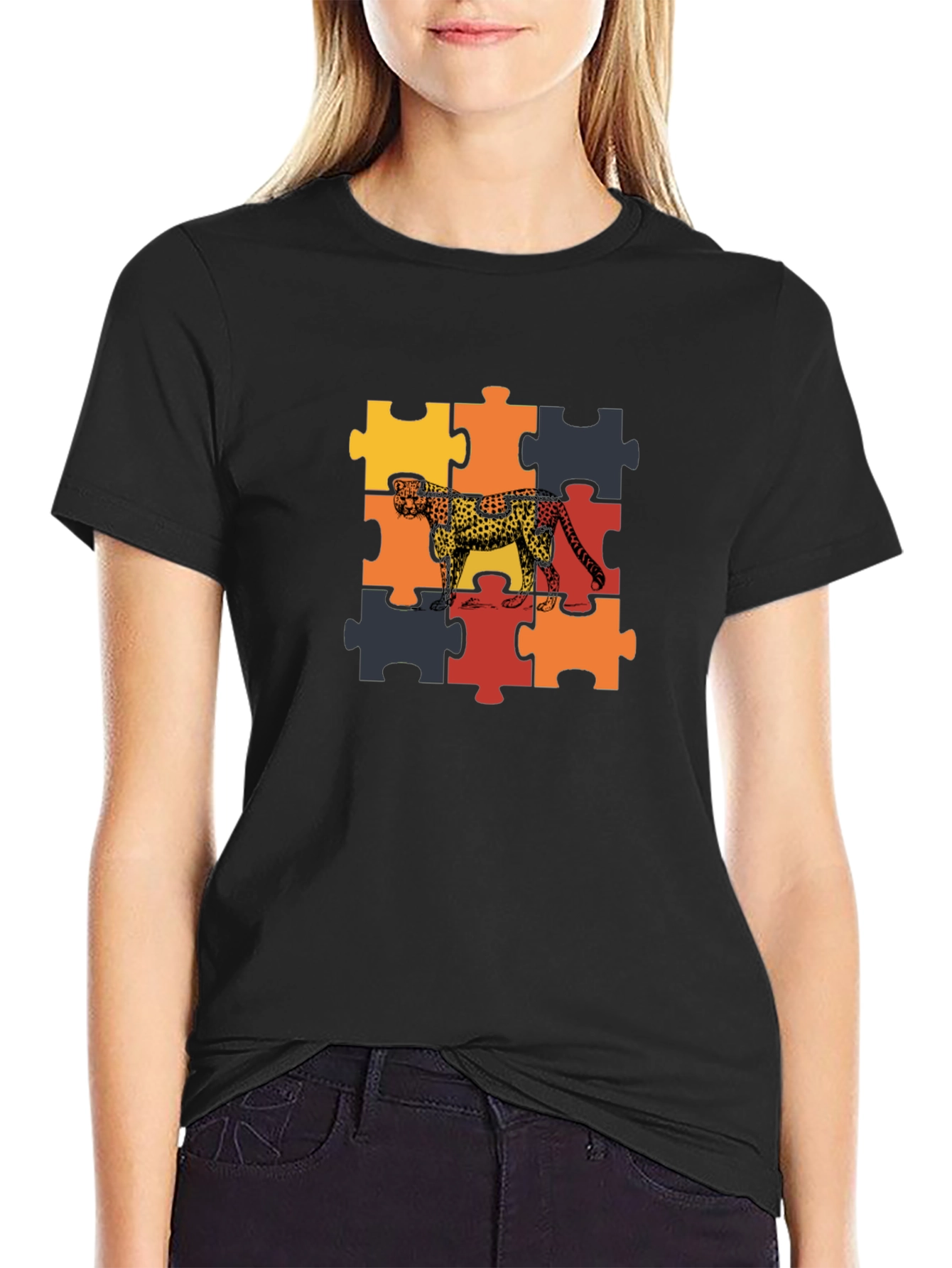 Cheetah Puzzle Graphic Tee - Black Unisex T-Shirt