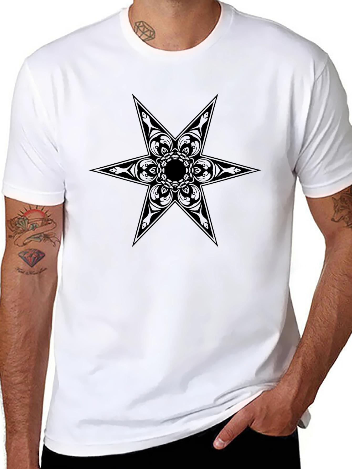 Black Graphic Tee - Ornamental Star Design