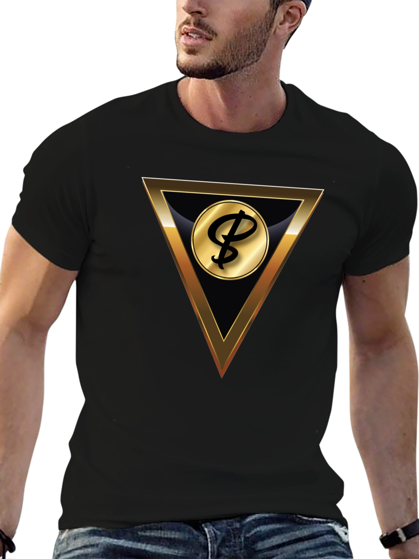 Stylish Black T-Shirt with Gold Triangle Logo