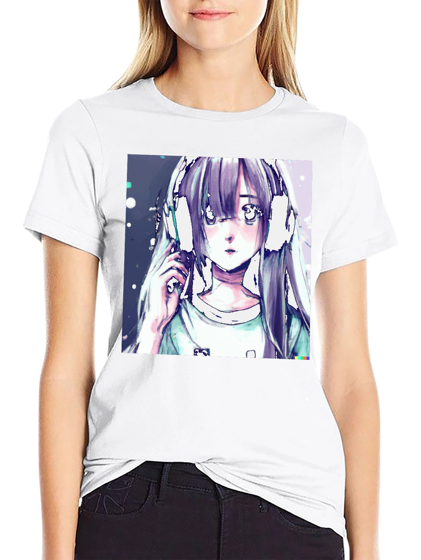 Anime Girl Headphones Graphic Black T-Shirt