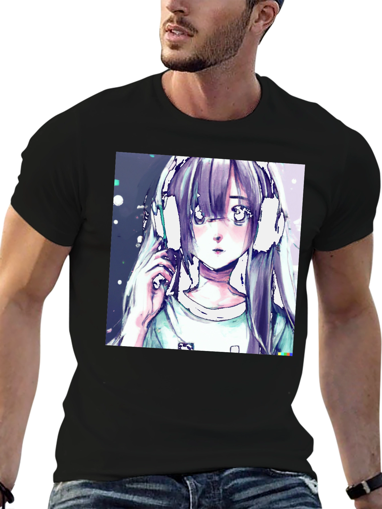Anime Girl Headphones Graphic Black T-Shirt