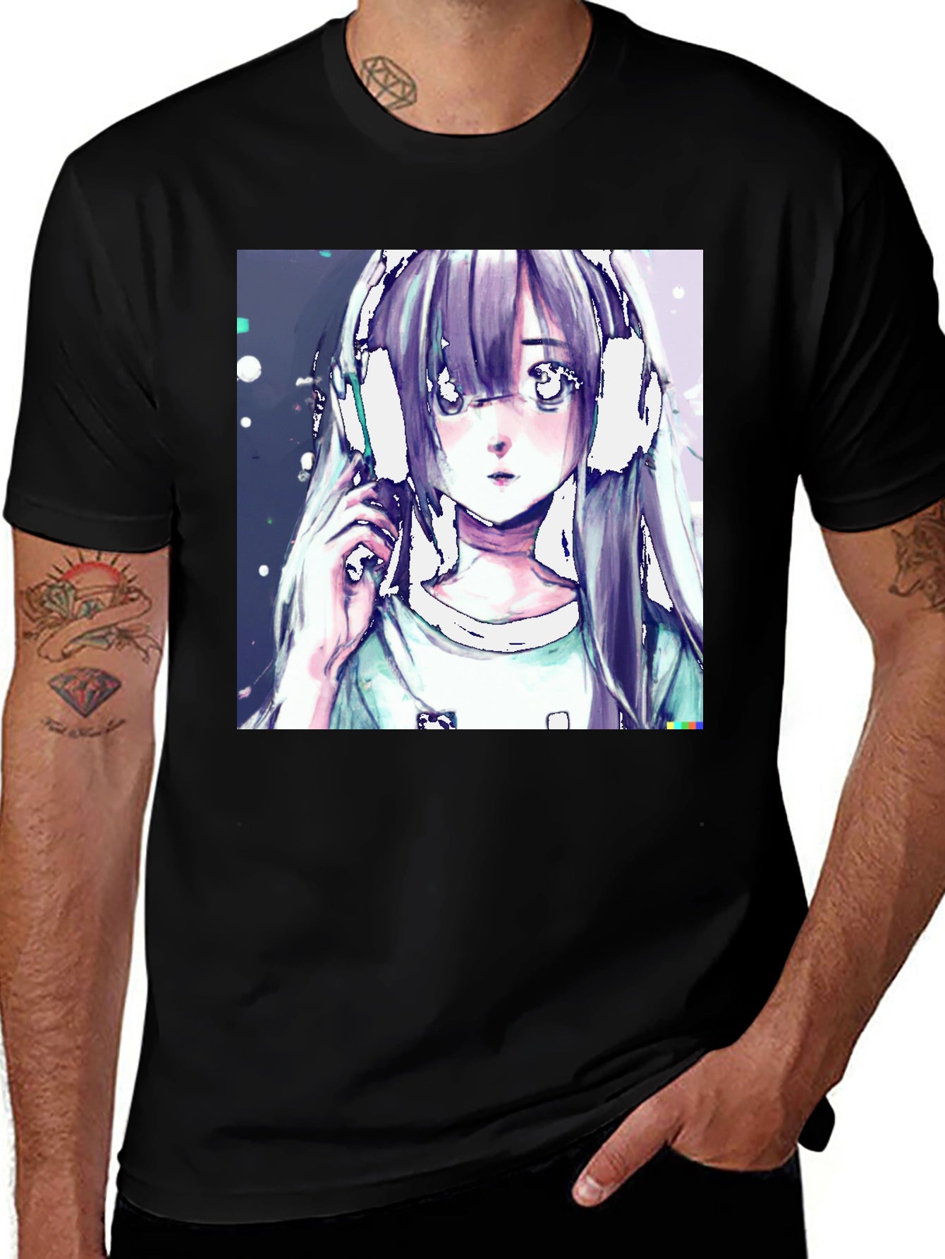 Anime Girl Headphones Graphic Black T-Shirt