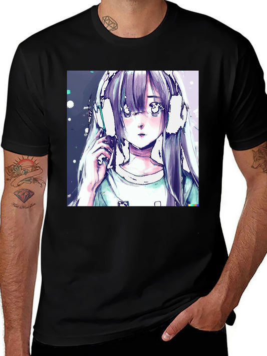 Anime Girl Headphones Graphic Black T-Shirt