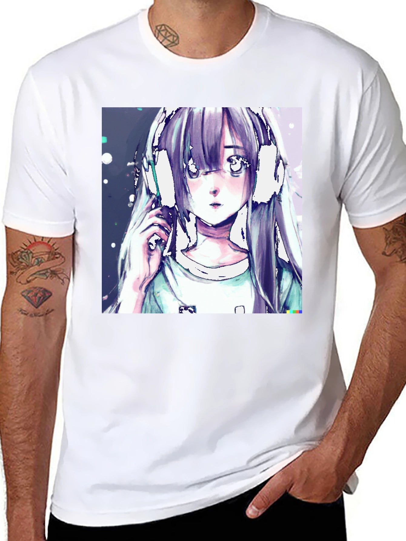 Anime Girl Headphones Graphic Black T-Shirt