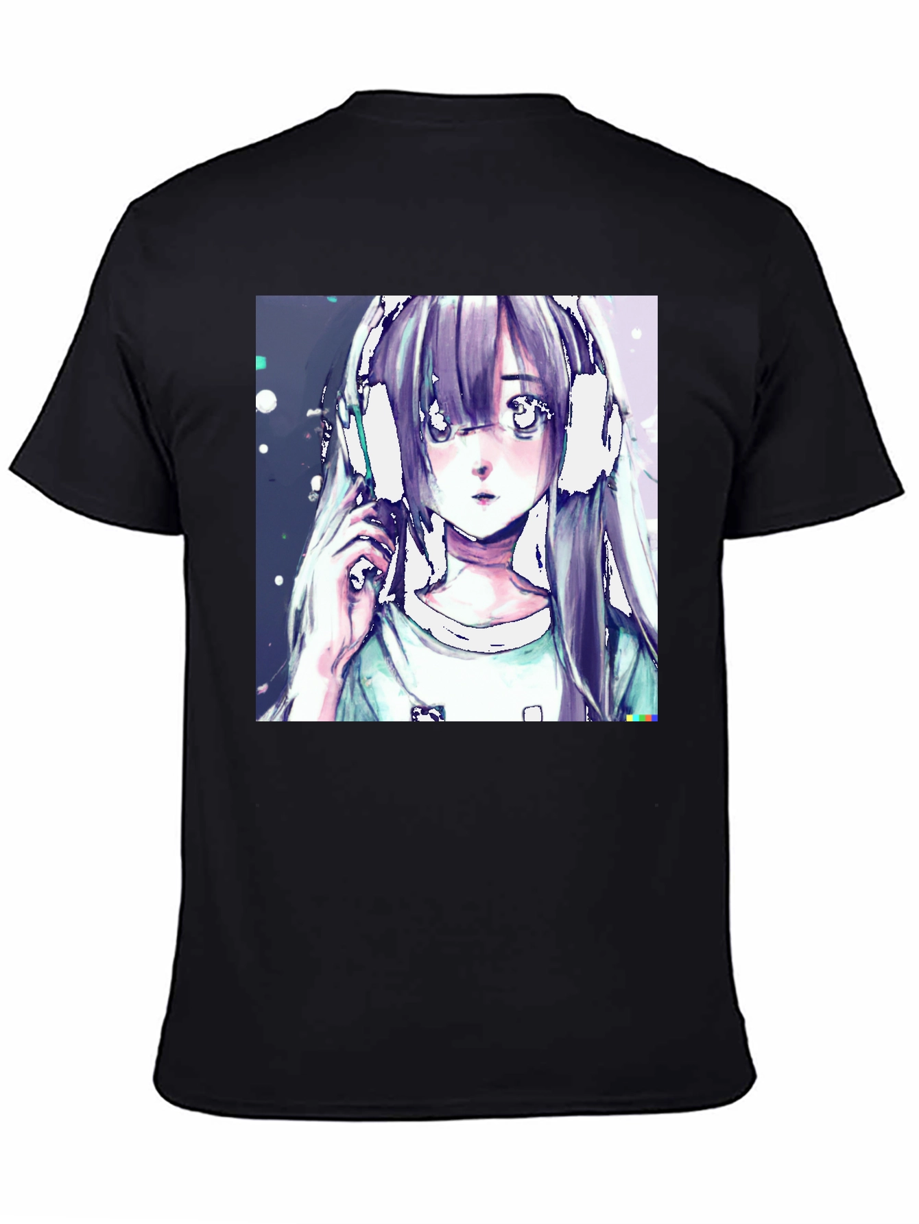Anime Girl Headphones Graphic Black T-Shirt