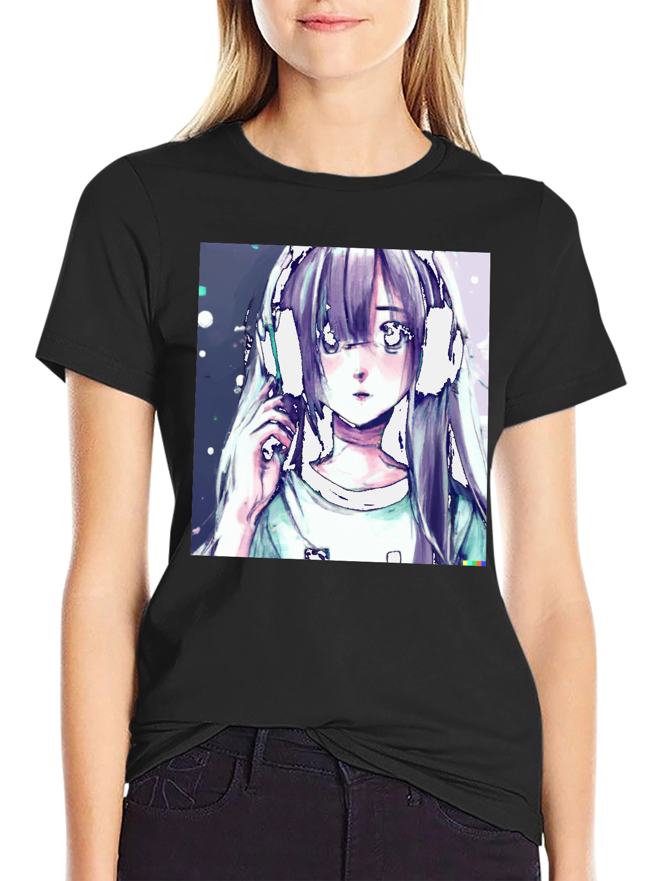 Anime Girl Headphones Graphic Black T-Shirt