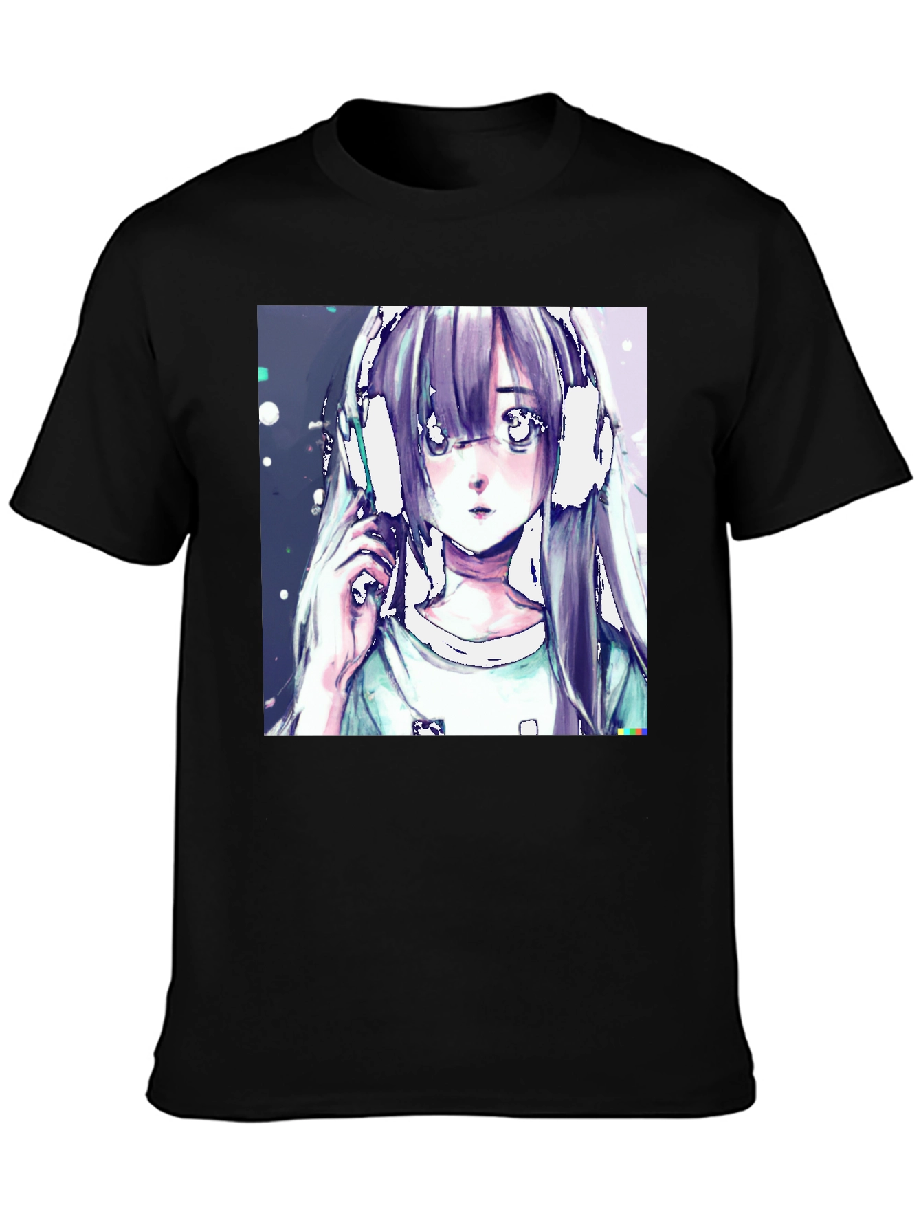 Anime Girl Headphones Graphic Black T-Shirt