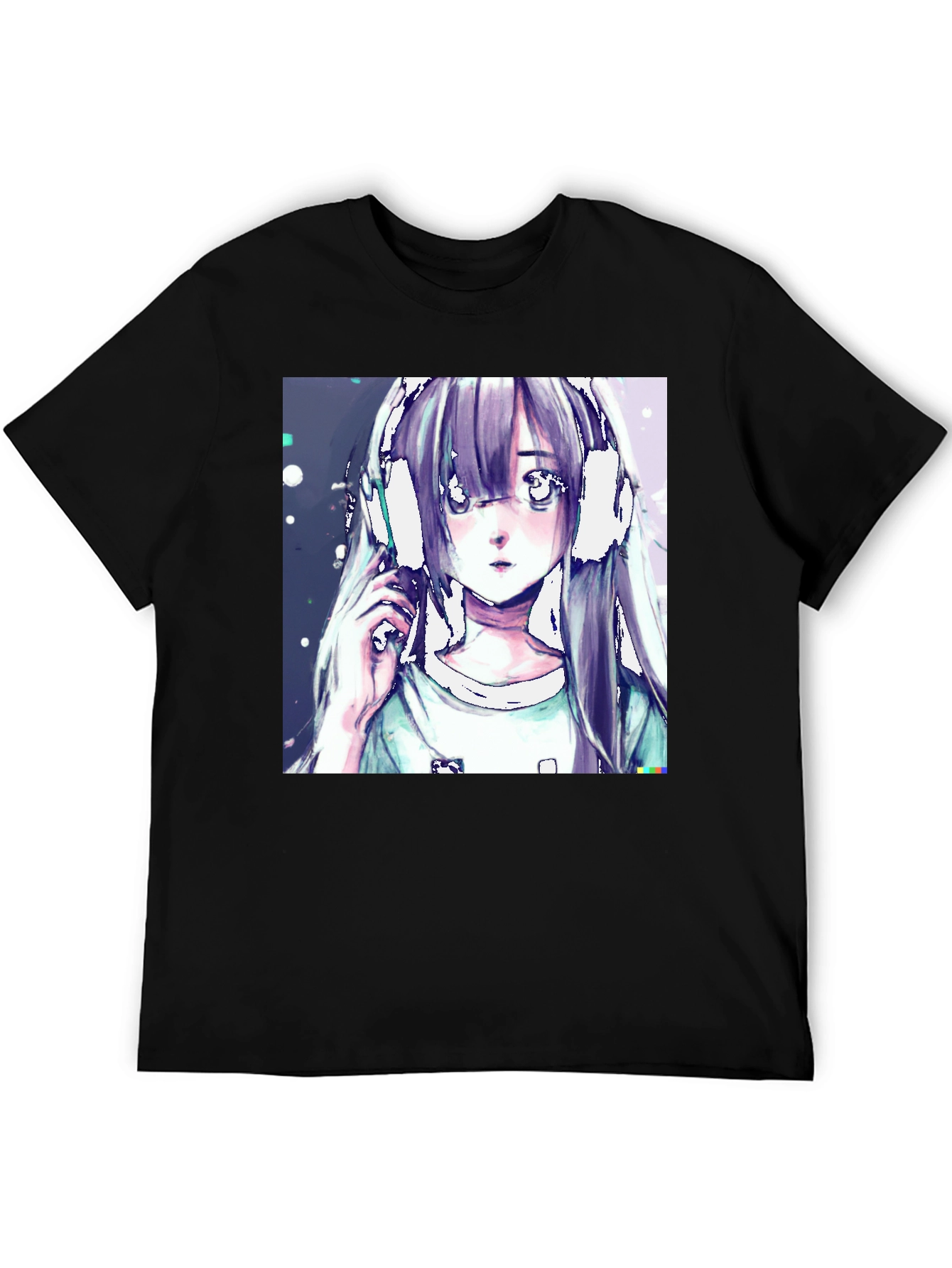 Anime Girl Headphones Graphic Black T-Shirt