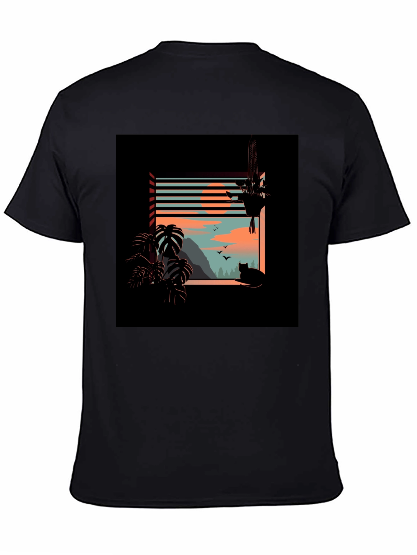 Black Graphic Tee - Cozy Cat Window View