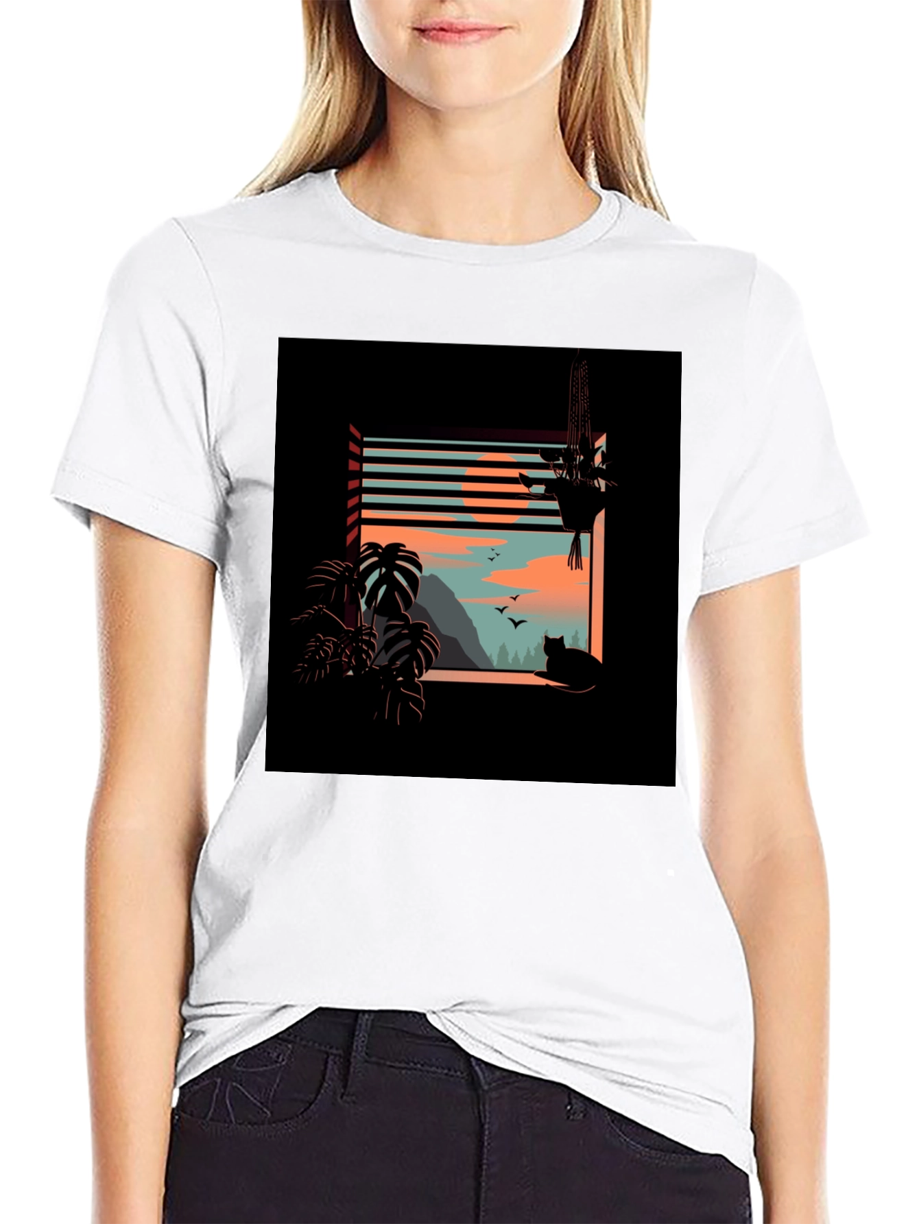 Black Graphic Tee - Cozy Cat Window View