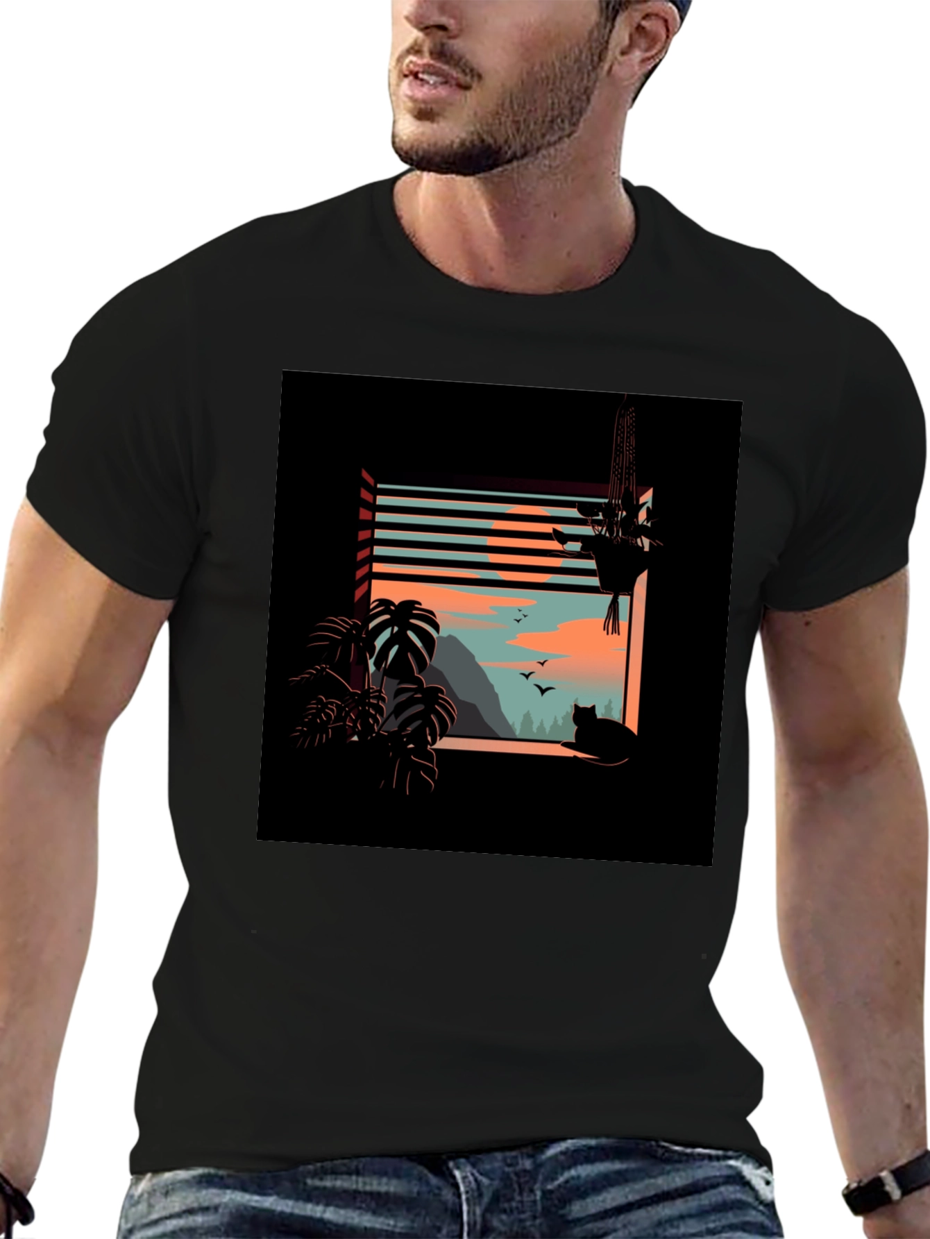 Black Graphic Tee - Cozy Cat Window View
