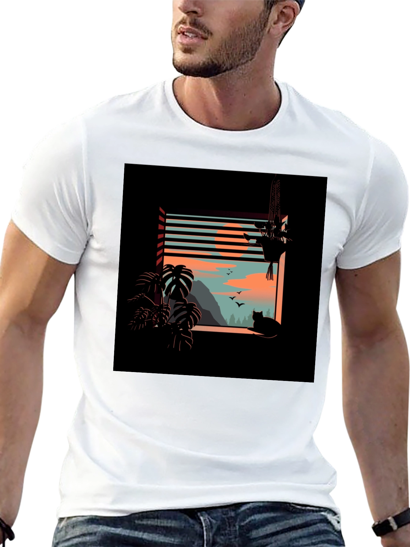 Black Graphic Tee - Cozy Cat Window View