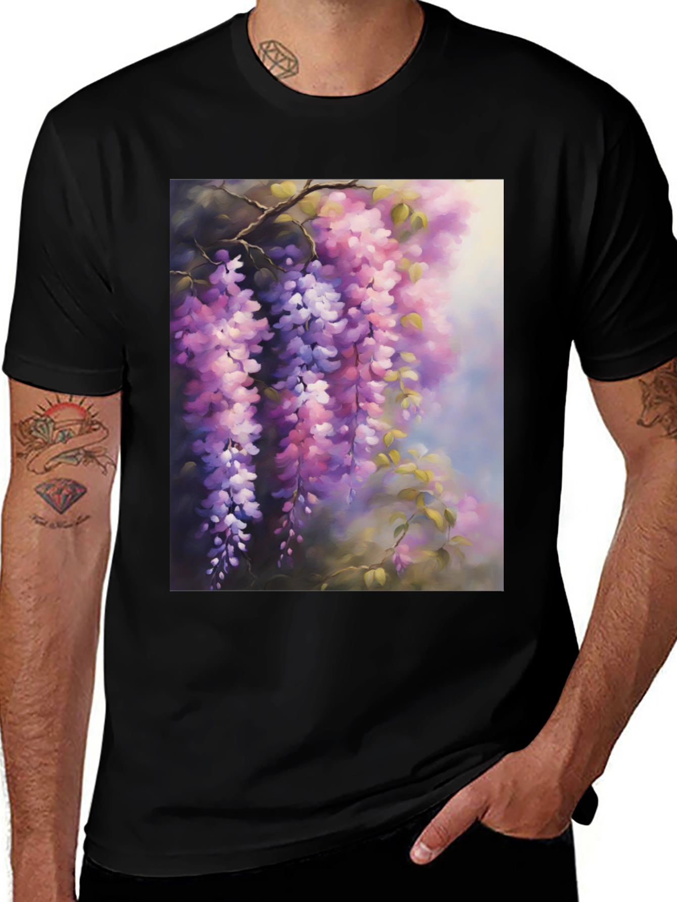 Floral Wisteria Print Black T-Shirt