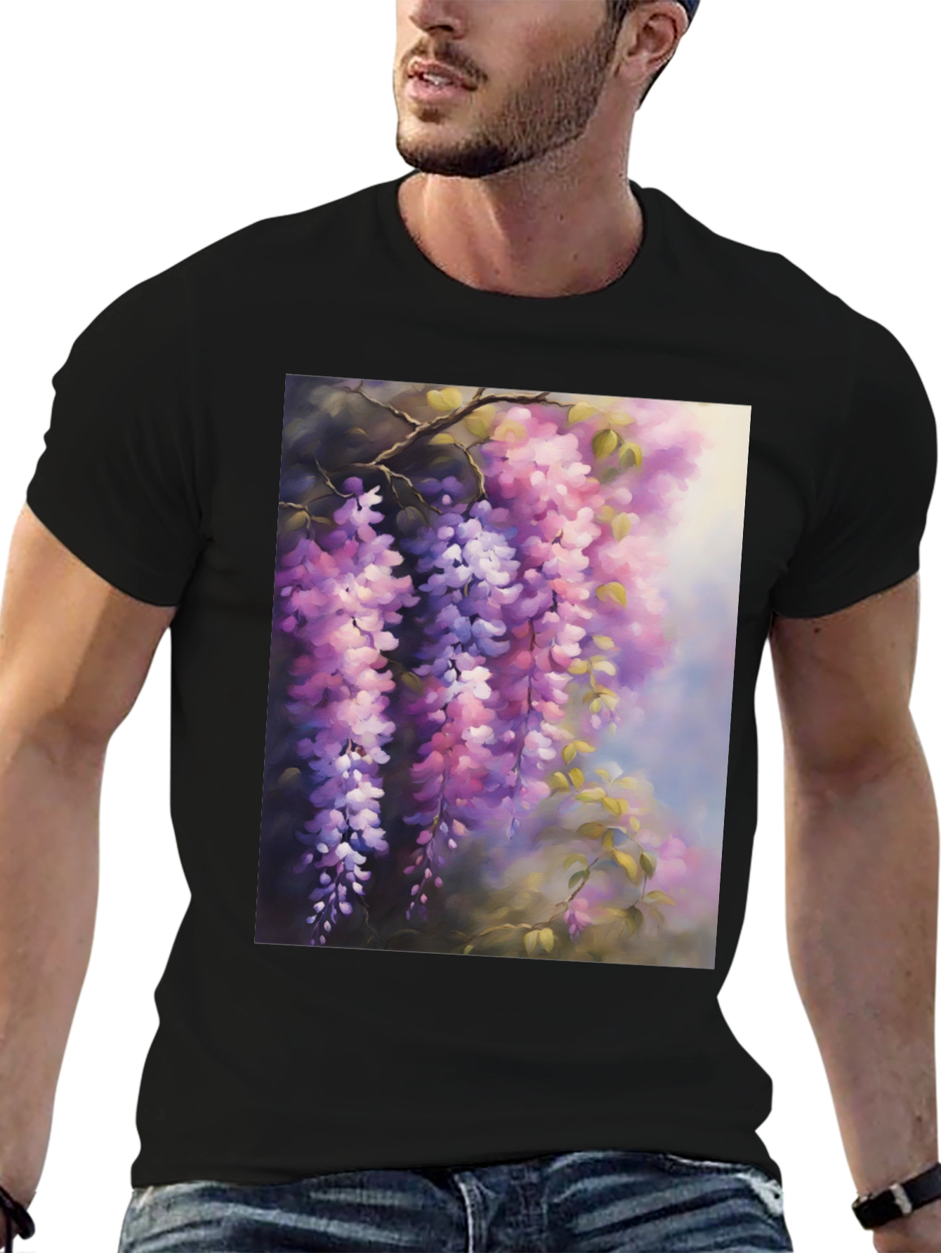 Floral Wisteria Print Black T-Shirt