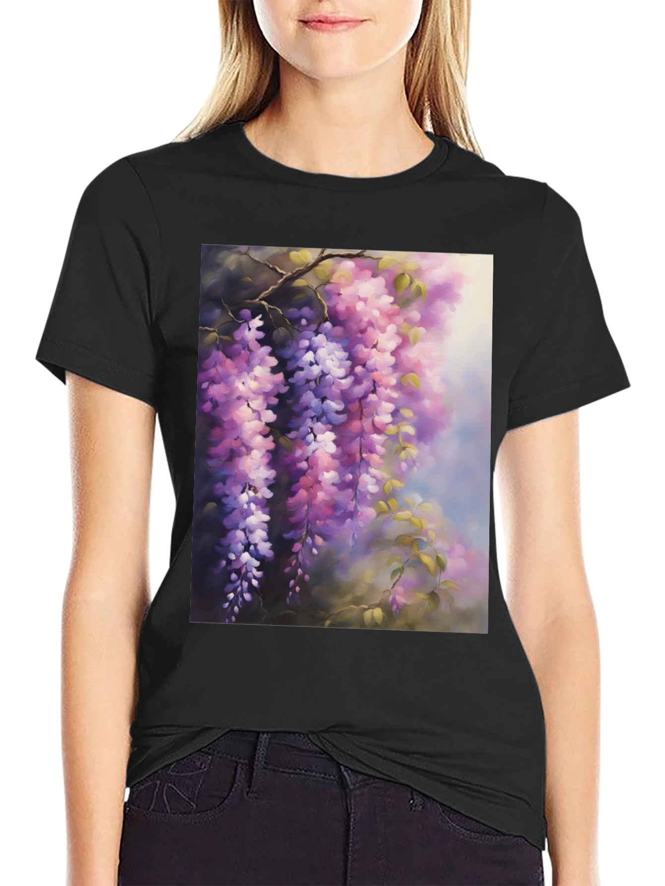 Floral Wisteria Print Black T-Shirt