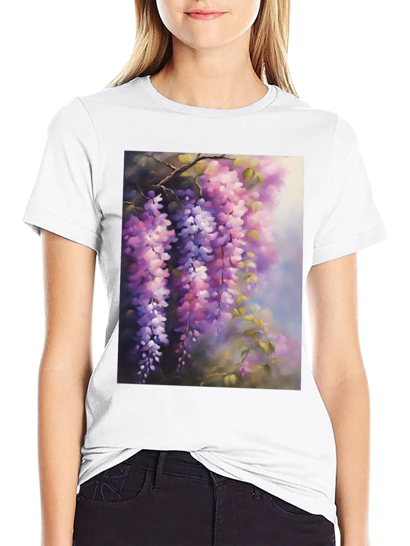Floral Wisteria Print Black T-Shirt