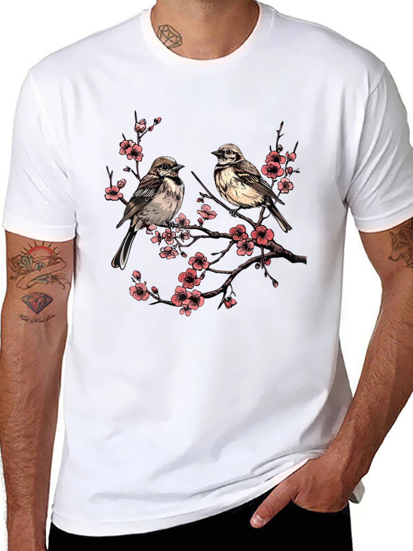 Bird and Blossom Graphic Tee - Unisex Cotton T-Shirt