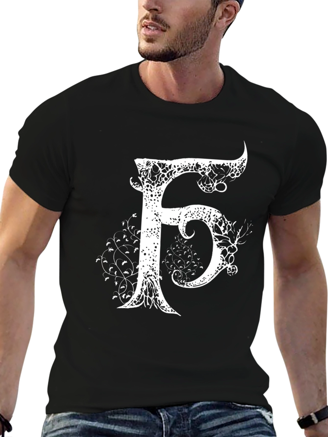 Letter F Artistic Graphic Print Black T-Shirt