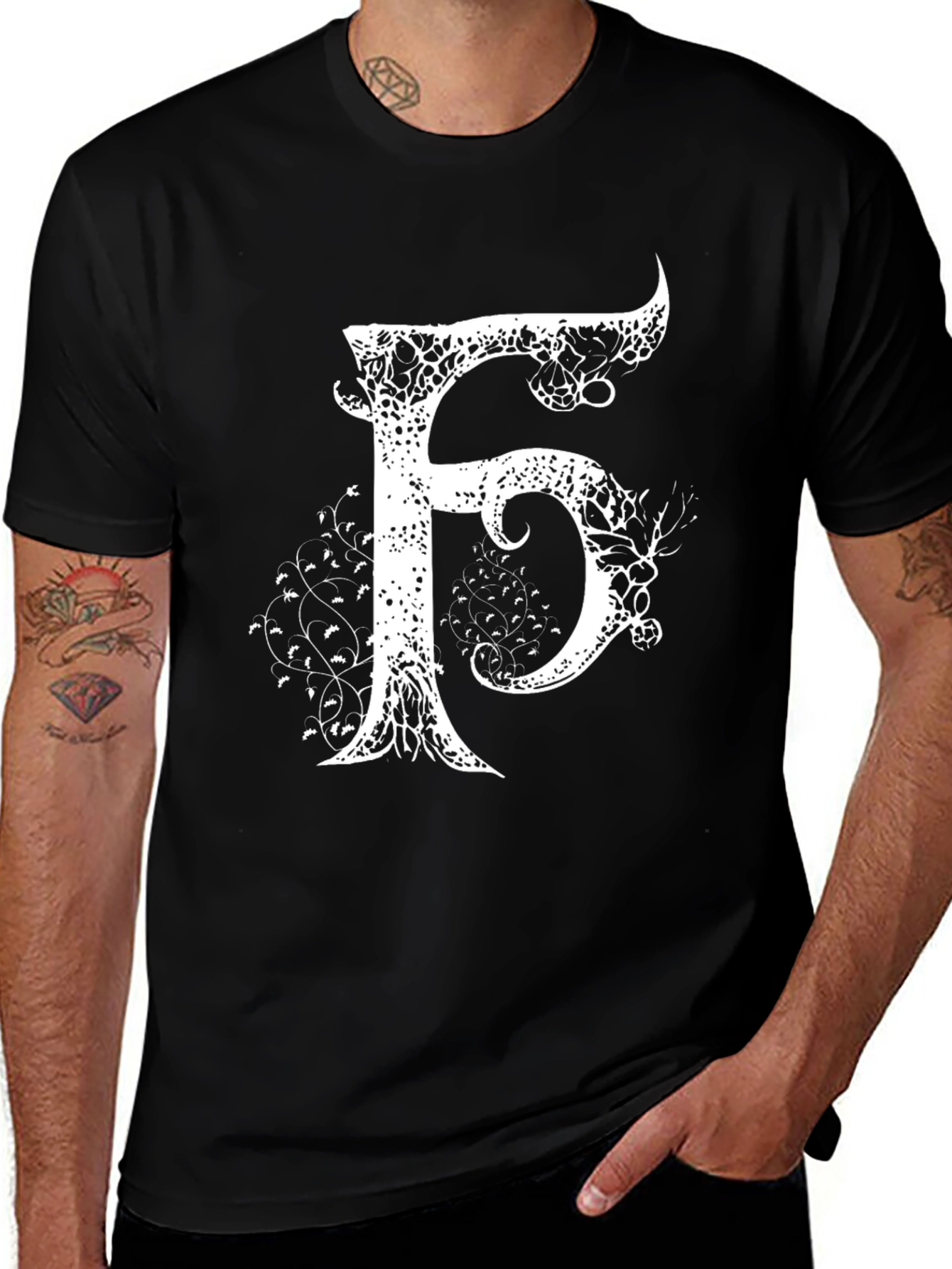Letter F Artistic Graphic Print Black T-Shirt