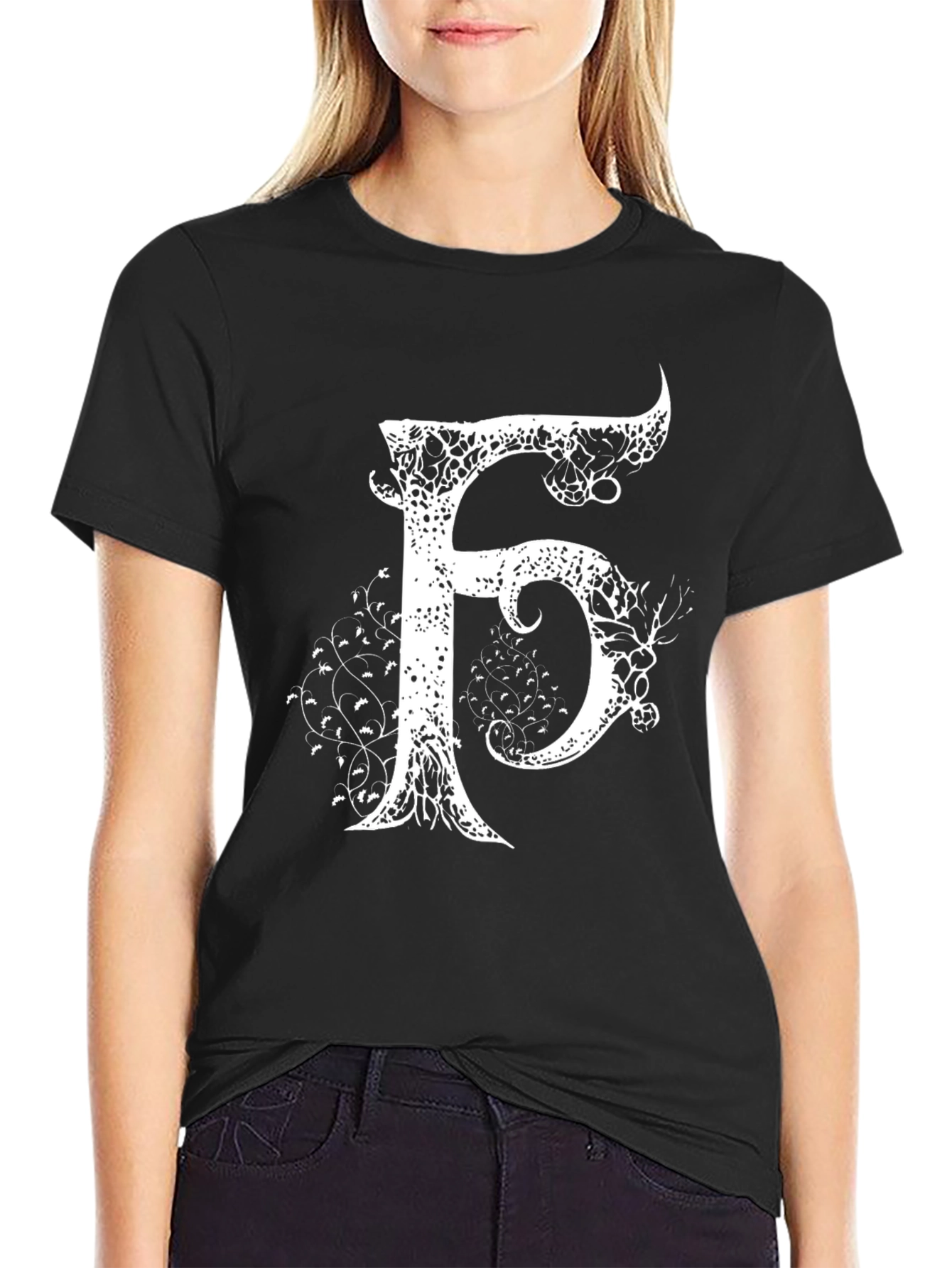 Letter F Artistic Graphic Print Black T-Shirt