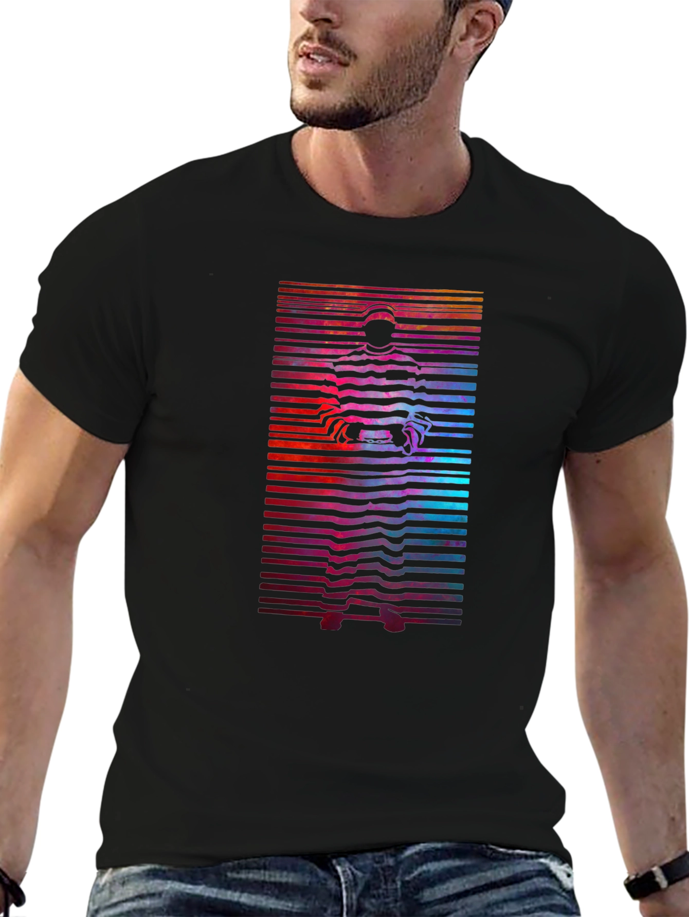 Retro Graphic T-Shirt - Striped Figure Design