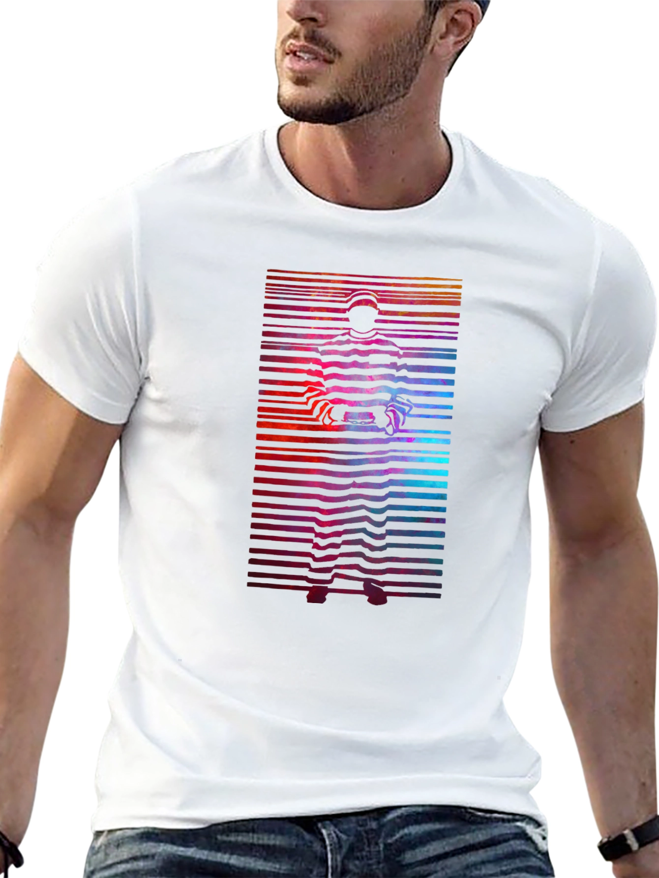 Retro Graphic T-Shirt - Striped Figure Design