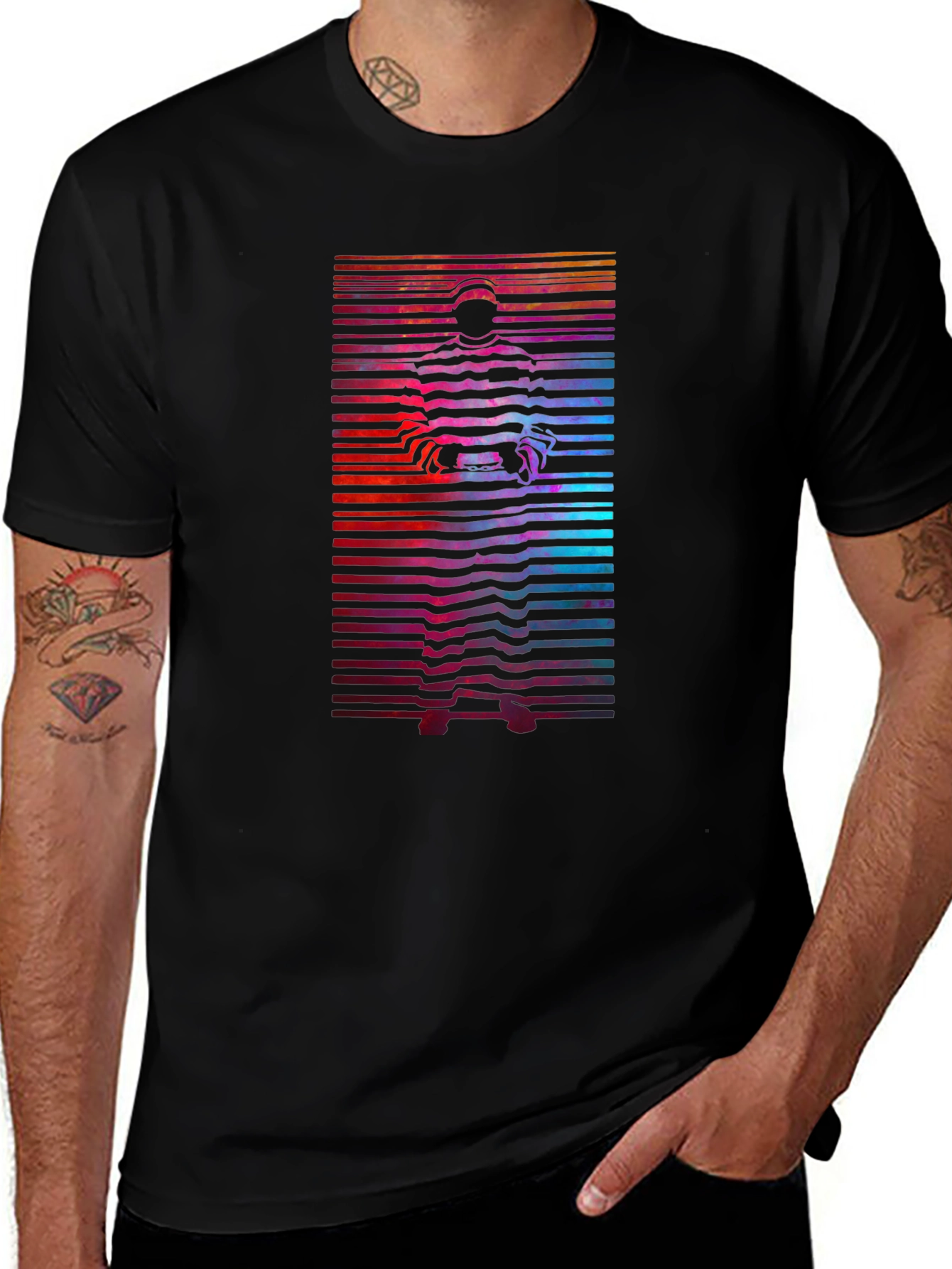 Retro Graphic T-Shirt - Striped Figure Design