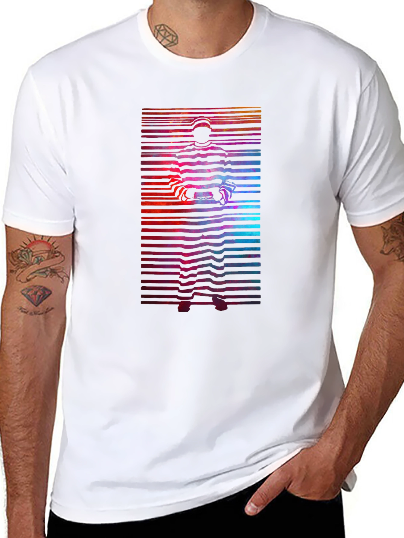 Retro Graphic T-Shirt - Striped Figure Design