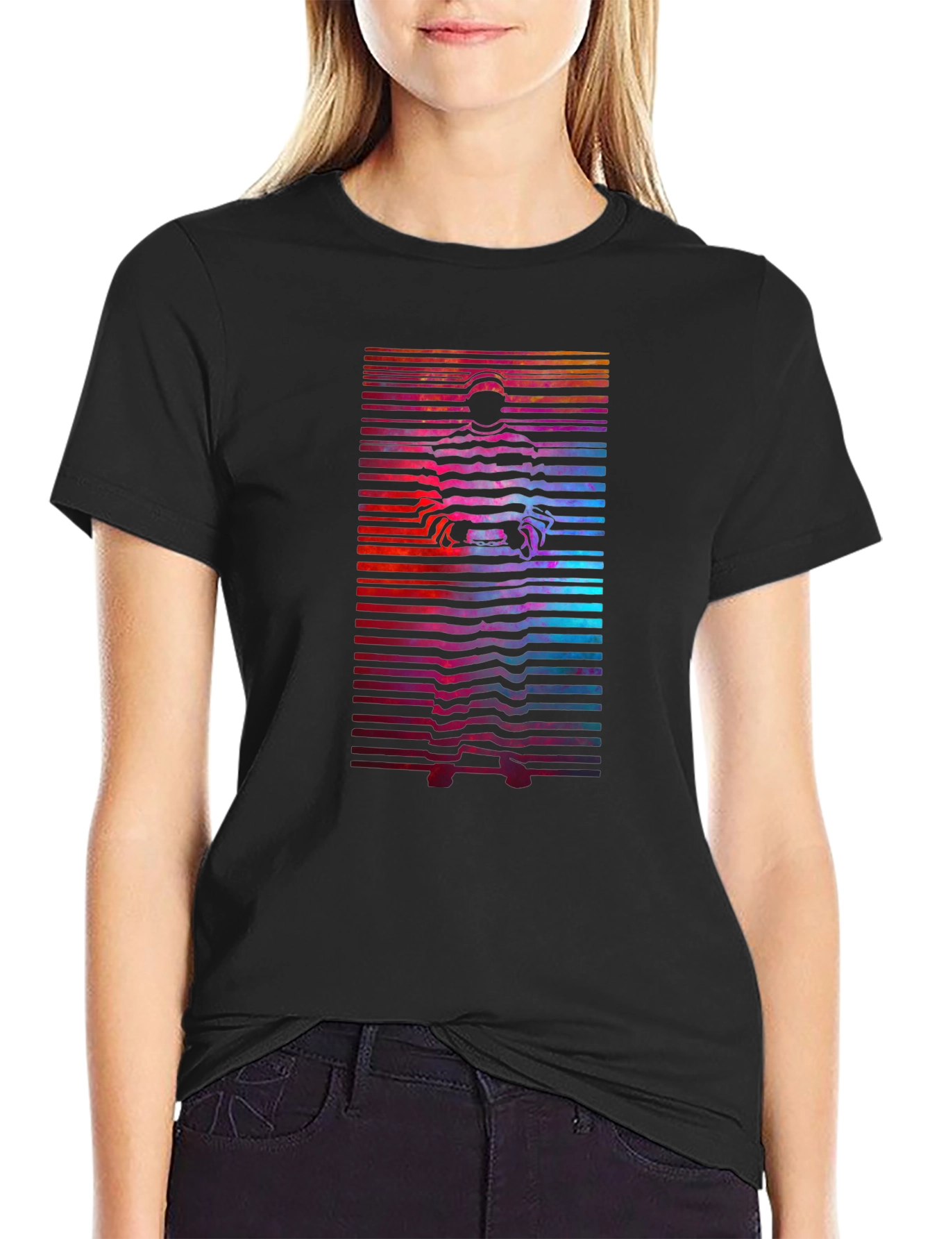 Retro Graphic T-Shirt - Striped Figure Design